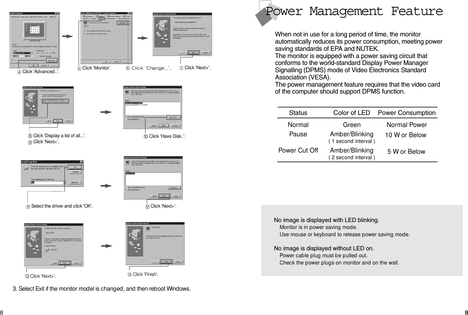 Click &apos;Finish&apos;.Click &apos;Next&gt;&apos;.98 9No image is displayed with LED blinking.Monitor is in power saving mode.Use mouse or keyboard to release power saving mode.No image is displayed without LED on.Power cable plug must be pulled out.Check the power plugs on monitor and on the wall.Power Management FeatureWhen not in use for a long period of time, the monitor automatically reduces its power consumption, meeting powersaving standards of EPA and NUTEK. The monitor is equipped with a power saving circuit that conforms to the world-standard Display Power ManagerSignalling (DPMS) mode of Video Electronics StandardAssociation (VESA).The power management feature requires that the video cardof the computer should support DPMS function. Status Color of LED Power ConsumptionNormal Green Normal PowerPause Amber/Blinking( 1 second interval )Power Cut Off Amber/Blinking( 2 second interval )Click &apos;Advanced..&apos;. Click &apos;Next&gt;&apos;.Click &apos;Monitor&apos;.Click &apos;Display a list of all...&apos;.Click &apos;Next&gt;&apos;. Click &apos;Have Disk..&apos;.Select the driver and click &apos;OK&apos;. Click &apos;Next&gt;&apos;.3. Select Exit if the monitor model is changed, and then reboot Windows.10 W or Below5 W or Below