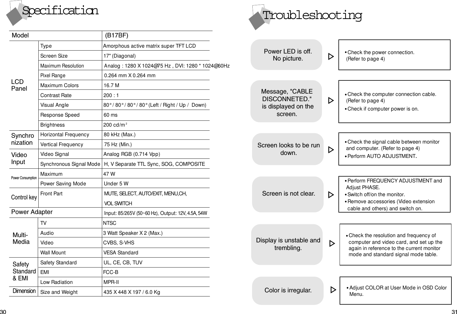 3130TroubleshootingCheck the power connection. (Refer to page 4)Power LED is off.No picture.Check the signal cable between monitor and computer. (Refer to page 4)Perform AUTO ADJUSTMENT.Check the computer connection cable. (Refer to page 4)Check if computer power is on.Message, &quot;CABLEDISCONNETED.&quot;is displayed on thescreen.Screen looks to be rundown.Perform FREQUENCY ADJUSTMENT and Adjust PHASE.Switch off/on the monitor.Remove accessories (Video extension cable and others) and switch on.Screen is not clear.Check the resolution and frequency of computer and video card, and set up the again in reference to the current monitor mode and standard signal mode table.Display is unstable andtrembling.Type Amorphous active matrix super TFT LCDScreen Size 17&quot; (Diagonal)Maximum ResolutionA                          nalog : 1280 X 1024@75 Hz , DVI: 1280 * 1024@60HzPixel Range0.264 mm X 0.264 mmMaximum Colors 16.7 MContrast Rate 200 : 1Visual Angle 80° / 80° / 80° / 80° (Left / Right / Up /  Down)Response Speed 60 msBrightness 200 cd/m2Horizontal Frequency 80 kHz (Max.)Vertical Frequency75 Hz (Min.)Video Signal Analog RGB (0.714 Vpp)Synchronous Signal Mode H, V Separate TTL Sync, SOG, COMPOSITEMaximum 47 WPower Saving Mode Under 5 WFront Part  MUTE, SELECT, AUTO/EXIT, MENU,CH, VOL SWITCHInput: 85/265V (50~60 Hz), Output: 12V, 4.5A, 54WTV NTSCAudio 3 Watt Speaker X 2 (Max.)Video CVBS, S-VHSWall Mount VESA StandardSafety Standard UL, CE, CB, TUVEMI FCC-BLow Radiation MPR-IISize and Weight 435 X 448 X 197 / 6.0 KgSpecificationLCDPanelSynchronizationModel(B17BF)VideoInputPower ConsumptionControl keyMulti-MediaSafetyStandard&amp; EMIDimensionPower AdapterAdjust COLOR at User Mode in OSD Color Menu.Color is irregular.