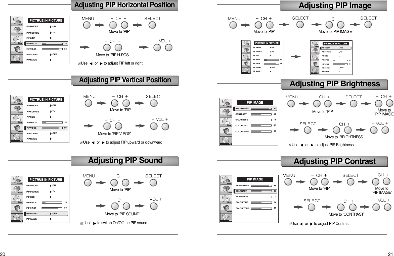 Move to &apos;PIP V-POS&apos;2120AdjustColorSetupSoundPICTRUE IN PICTUREPIP ON/OFFPIP SOURCEPIP SIZEPIP H-POSPIP V-POSPIP SOUNDPIP IMAGEPIP1580ONOFFTVAdjusting PIP SoundAdjustColorSetupSoundPICTRUE IN PICTUREPIP ON/OFFPIP SOURCEPIP SIZEPIP H-POSPIP V-POSPIP SOUNDPIP IMAGEPIP1580ONOFFTVAdjustColorSetupSoundPICTRUE IN PICTUREPIP ON/OFFPIP SOURCEPIP SIZEPIP H-POSPIP V-POSPIP SOUNDPIP IMAGEPIP1580ONOFFTVUse  to switch On/Off the PIP sound.Adjusting PIP Horizontal PositionAdjusting PIP Vertical PositionUse  or  to adjust PIP upward or downward.Use  or  to adjust PIP left or right. AdjustColorSetupSoundPICTRUE IN PICTUREPIP ON/OFF15PIP SOURCEPIP SIZEPIP H-POSPIP V-POSPIP SOUND80PIP IMAGEPIPONOFFTVAdjustColorSetupSoundPICTRUE IN PICTUREPIP ON/OFF15PIP SOURCEPIP SIZEPIP H-POSPIP V-POSPIP SOUND80PIP IMAGEPIPONOFFTVAdjusting PIP Contrast805005050AdjustColorSetupSoundPIP IMAGEPIPBRIGHTNESSCONTRASTSHARPNESSCOLOR TINTCOLOR TONE805005050AdjustColorSetupSoundPIP IMAGEPIPBRIGHTNESSCONTRASTSHARPNESSCOLOR TINTCOLOR TONEAdjusting PIP ImageAdjusting PIP BrightnessMove to &apos;BRIGHTNESS&apos;Use  or  to adjust PIP Brightness.Use  or  to adjust PIP Contrast.Move to &apos;PIP IMAGE&apos;Move to &apos;PIP IMAGE&apos;Move to &apos;PIP H-POS&apos;Move to &apos;PIP SOUND&apos; Move to &apos;CONTRAST&apos;Move to &apos;PIP IMAGE&apos;Move to &apos;PIP&apos; Move to &apos;PIP&apos;Move to &apos;PIP&apos;Move to &apos;PIP&apos;Move to &apos;PIP&apos;Move to &apos;PIP&apos;