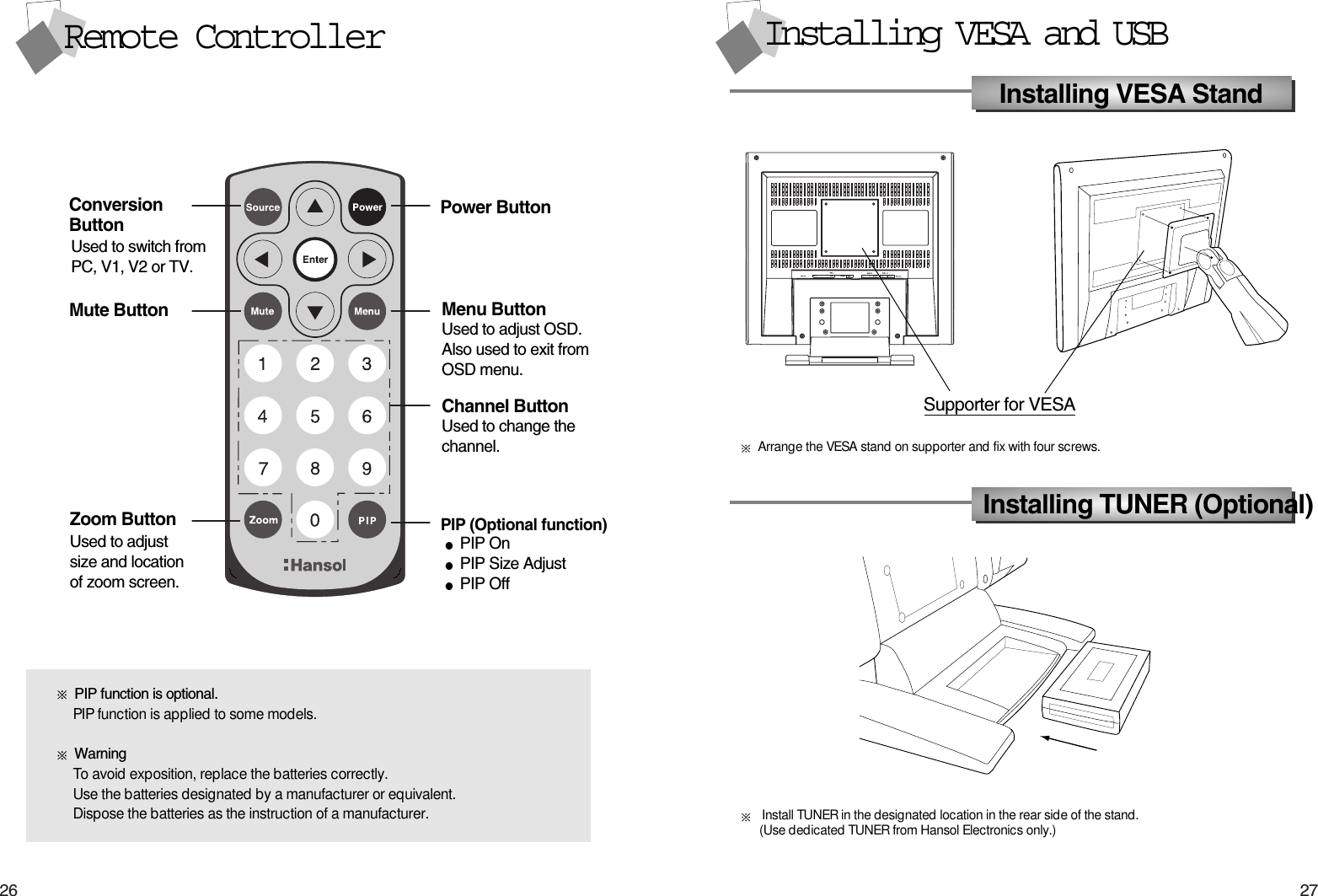 2726Installing VESA and USBInstalling VESA StandSupporter for VESAArrange the VESA stand on supporter and fix with four screws.Installing TUNER (Optional)Install TUNER in the designated location in the rear side of the stand. (Use dedicated TUNER from Hansol Electronics only.)Remote ControllerPIP function is optional.PIP function is applied to some models.WarningTo avoid exposition, replace the batteries correctly.Use the batteries designated by a manufacturer or equivalent.Dispose the batteries as the instruction of a manufacturer.ConversionButtonUsed to switch from PC, V1, V2 or TV.Mute ButtonZoom ButtonPower ButtonMenu ButtonUsed to adjust OSD.Also used to exit fromOSD menu.Channel ButtonUsed to change thechannel.PIP (Optional function)PIP OnPIP Size AdjustPIP OffUsed to adjustsize and locationof zoom screen.