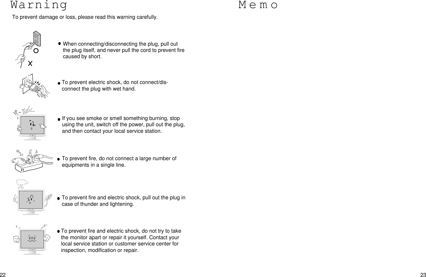 2322MemoWarningTo prevent damage or loss, please read this warning carefully.When connecting/disconnecting the plug, pull out the plug itself, and never pull the cord to prevent fire caused by short.To prevent electric shock, do not connect/dis-connect the plug with wet hand.To prevent fire, do not connect a large number ofequipments in a single line.To prevent fire and electric shock, pull out the plug incase of thunder and lightening.To prevent fire and electric shock, do not try to takethe monitor apart or repair it yourself. Contact yourlocal service station or customer service center forinspection, modification or repair.If you see smoke or smell something burning, stopusing the unit, switch off the power, pull out the plug,and then contact your local service station.