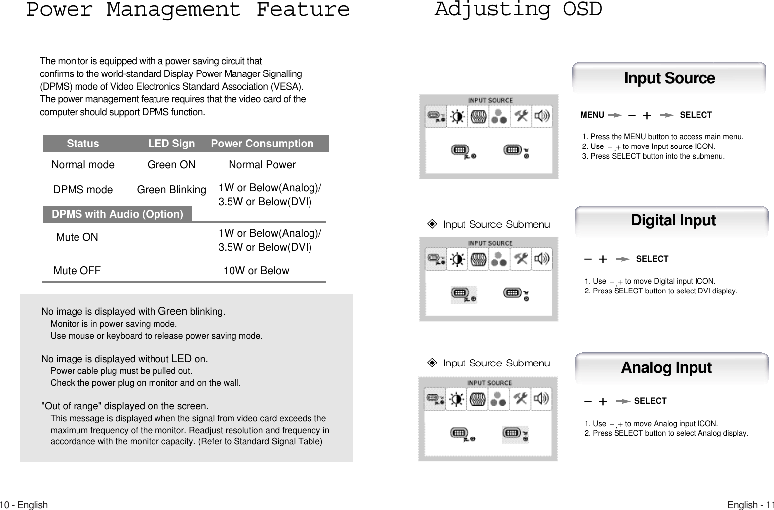 English - 1110 - EnglishNo image is displayed with Green blinking.Monitor is in power saving mode.Use mouse or keyboard to release power saving mode.No image is displayed without LED on.Power cable plug must be pulled out.Check the power plug on monitor and on the wall.&quot;Out of range&quot; displayed on the screen.This message is displayed when the signal from video card exceeds themaximum frequency of the monitor. Readjust resolution and frequency inaccordance with the monitor capacity. (Refer to Standard Signal Table)Power Management FeatureThe monitor is equipped with a power saving circuit that confirms to the world-standard Display Power Manager Signalling(DPMS) mode of Video Electronics Standard Association (VESA).The power management feature requires that the video card of thecomputer should support DPMS function. Status LED Sign Power ConsumptionNormal mode Green ON Normal PowerDPMS mode Green Blinking 1W or Below(Analog)/3.5W or Below(DVI)1W or Below(Analog)/3.5W or Below(DVI)DPMS with Audio (Option)Mute ONMute OFF 10W or BelowAdjusting OSDDigital InputAnalog Input1. Use  to move Digital input ICON.2. Press SELECT button to select DVI display.SELECTInput SourceMENU1. Press the MENU button to access main menu.2. Use  to move Input source ICON.3. Press SELECT button into the submenu.SELECTSELECT1. Use  to move Analog input ICON.2. Press SELECT button to select Analog display.