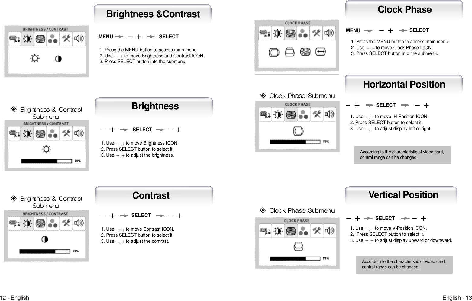 English - 1312 - EnglishHorizontal PositionSELECT1. Use  to move  H-Position ICON.2. Press SELECT button to select it.3. Use  to adjust display left or right.Clock PhaseMENU SELECT1. Press the MENU button to access main menu.2. Use  to move Clock Phase ICON.3. Press SELECT button into the submenu.According to the characteristic of video card,control range can be changed.1. Use  to move V-Position ICON.2.  Press SELECT button to select it.3. Use  to adjust display upward or downward.SELECTVertical PositionAccording to the characteristic of video card,control range can be changed.BrightnessContrast1. Use  to move Brightness ICON.2. Press SELECT button to select it.3. Use  to adjust the brightness. SELECTBrightness &amp;ContrastMENU1. Press the MENU button to access main menu.2. Use  to move Brightness and Contrast ICON.3. Press SELECT button into the submenu.SELECTSELECT1. Use  to move Contrast ICON.2. Press SELECT button to select it.3. Use  to adjust the contrast.