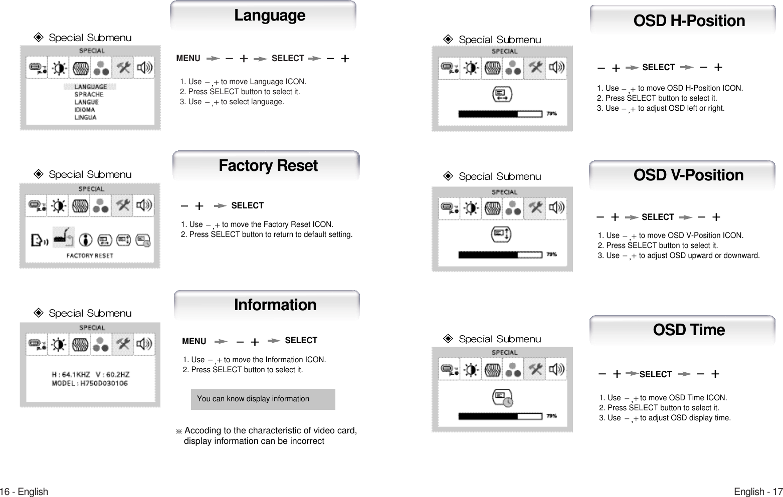 English - 1716 - English1. Use  to move Language ICON.2. Press SELECT button to select it.3. Use  to select language.MENU SELECTLanguage1. Use  to move OSD V-Position ICON.2. Press SELECT button to select it.3. Use  to adjust OSD upward or downward.SELECTOSD V-Position1. Use  to move OSD H-Position ICON.2. Press SELECT button to select it.3. Use  to adjust OSD left or right.SELECTOSD H-Position1. Use  to move OSD Time ICON.2. Press SELECT button to select it.3. Use  to adjust OSD display time.OSD TimeSELECT1. Use  to move the Information ICON.2. Press SELECT button to select it.MENUAuto-ConfigInformation1. Use  to move the Factory Reset ICON.2. Press SELECT button to return to default setting.Auto-ConfigFactory ResetSELECTSELECTYou can know display informationAccoding to the characteristic of video card, display information can be incorrect