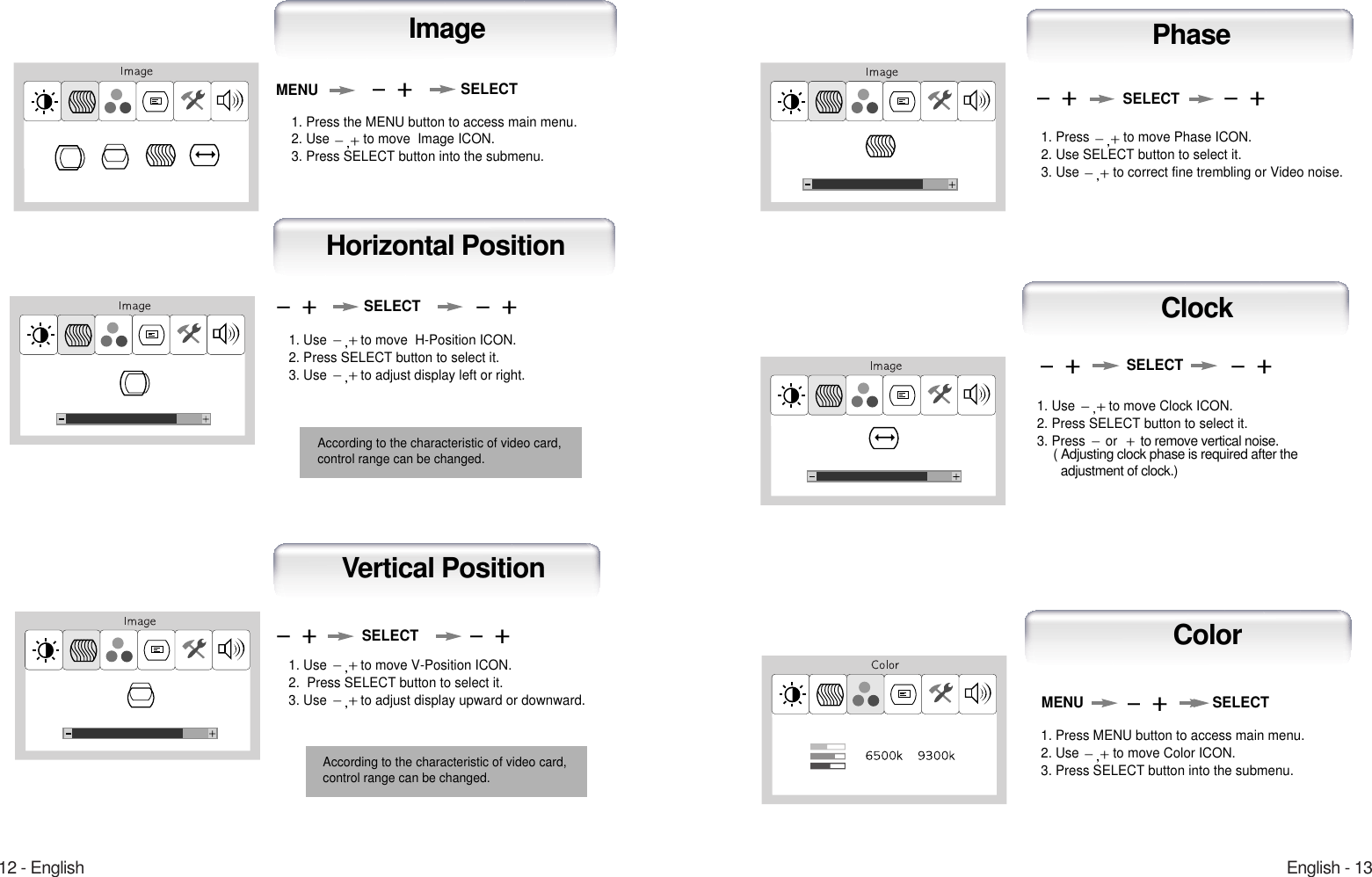 English - 1312 - EnglishHorizontal PositionSELECT1. Use  to move  H-Position ICON.2. Press SELECT button to select it.3. Use  to adjust display left or right.ImageMENU SELECT1. Press the MENU button to access main menu.2. Use  to move  Image ICON.3. Press SELECT button into the submenu.According to the characteristic of video card,control range can be changed.1. Use  to move V-Position ICON.2.  Press SELECT button to select it.3. Use  to adjust display upward or downward.1. Press  to move Phase ICON.2. Use SELECT button to select it.3. Use  to correct fine trembling or Video noise.1. Use  to move Clock ICON.2. Press SELECT button to select it.3. Press  orto remove vertical noise.( Adjusting clock phase is required after the adjustment of clock.) SELECTSELECTSELECTVertical PositionClockPhaseAccording to the characteristic of video card,control range can be changed.1. Press MENU button to access main menu.2. Use  to move Color ICON.3. Press SELECT button into the submenu.MENU SELECTColor