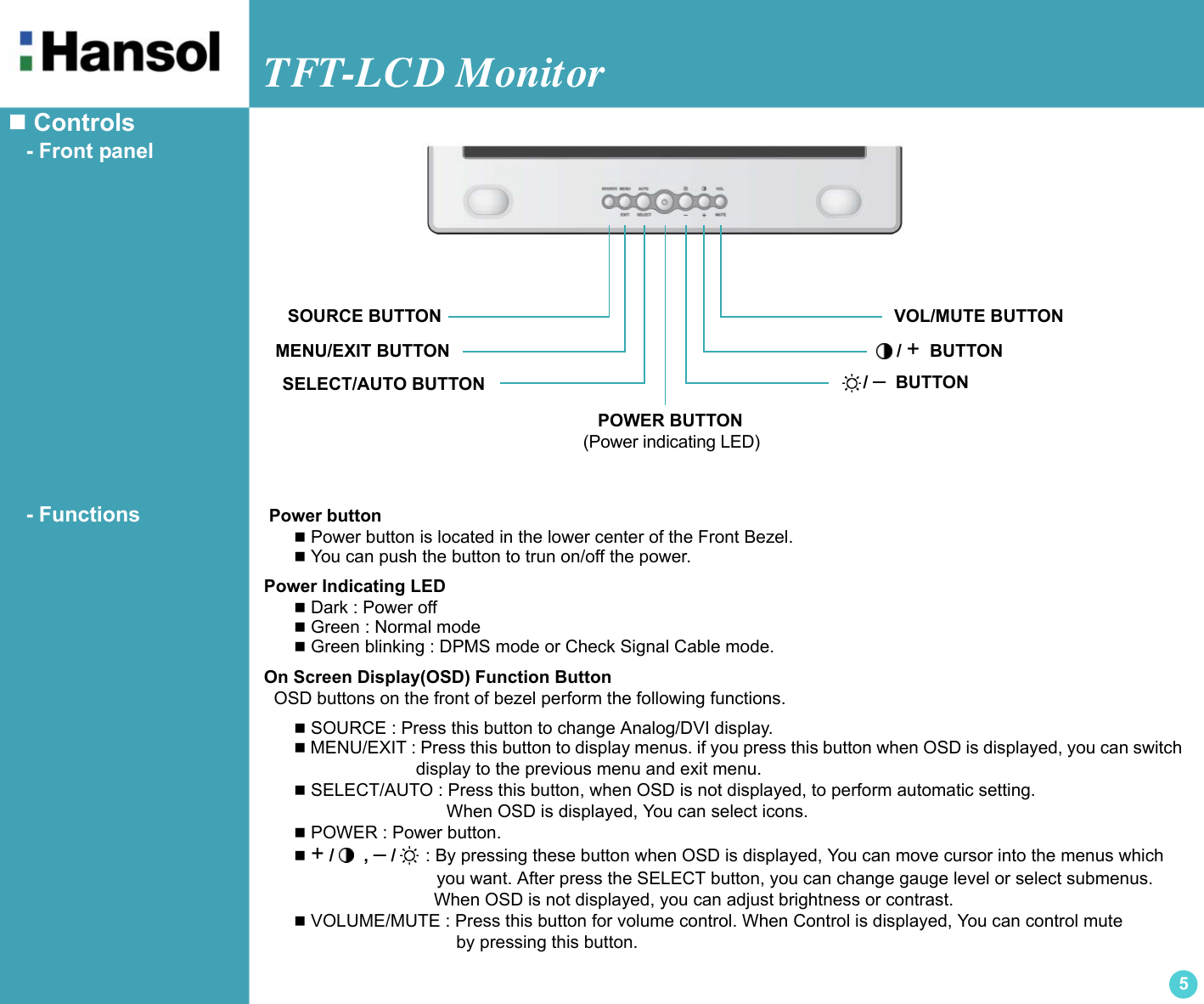 TFT-LCD Monitor5 Controls   - Front panel   - Functions  Power button Power button is located in the lower center of the Front Bezel. You can push the button to trun on/off the power.Power Indicating LED Dark : Power off Green : Normal mode Green blinking : DPMS mode or Check Signal Cable mode.On Screen Display(OSD) Function Button  OSD buttons on the front of bezel perform the following functions. SOURCE : Press this button to change Analog/DVI display. MENU/EXIT : Press this button to display menus. if you press this button when OSD is displayed, you can switch                         display to the previous menu and exit menu. SELECT/AUTO : Press this button, when OSD is not displayed, to perform automatic setting.                               When OSD is displayed, You can select icons. POWER : Power button. + /      , – /      : By pressing these button when OSD is displayed, You can move cursor into the menus which                             you want. After press the SELECT button, you can change gauge level or select submenus.                              When OSD is not displayed, you can adjust brightness or contrast. VOLUME/MUTE : Press this button for volume control. When Control is displayed, You can control mute                                  by pressing this button. / –  BUTTONMENU/EXIT BUTTONSELECT/AUTO BUTTON   POWER BUTTON(Power indicating LED) / +  BUTTONSOURCE BUTTON VOL/MUTE BUTTON 