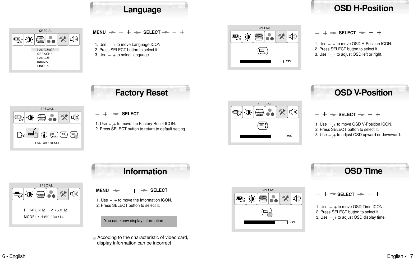 English - 1716 - English1. Use  to move Language ICON.2. Press SELECT button to select it.3. Use  to select language.MENU SELECTLanguage1. Use  to move OSD V-Position ICON.2. Press SELECT button to select it.3. Use  to adjust OSD upward or downward.SELECTOSD V-Position1. Use  to move OSD H-Position ICON.2. Press SELECT button to select it.3. Use  to adjust OSD left or right.SELECTOSD H-Position1. Use  to move OSD Time ICON.2. Press SELECT button to select it.3. Use  to adjust OSD display time.OSD TimeSELECT1. Use  to move the Information ICON.2. Press SELECT button to select it.MENUAuto-ConfigInformation1. Use  to move the Factory Reset ICON.2. Press SELECT button to return to default setting.Auto-ConfigFactory ResetSELECTSELECTYou can know display informationAccoding to the characteristic of video card, display information can be incorrect