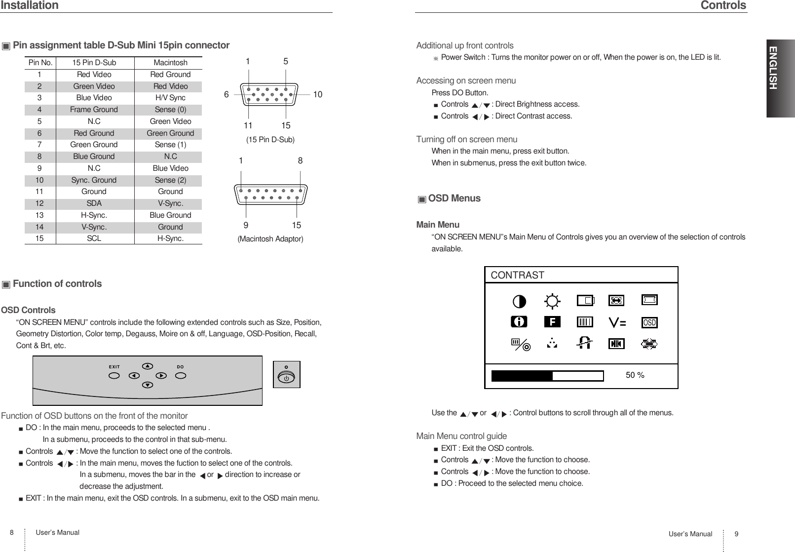 User’s Manual8InstallationPin assignment table D-Sub Mini 15pin connectorFunction of controlsOSD Controls“ON SCREEN MENU” controls include the following extended controls such as Size, Position,Geometry Distortion, Color temp, Degauss, Moire on &amp; off, Language, OSD-Position, Recall,Cont &amp; Brt, etc.Function of OSD buttons on the front of the monitorDO : In the main menu, proceeds to the selected menu . In a submenu, proceeds to the control in that sub-menu.Controls  : Move the function to select one of the controls.Controls  : In the main menu, moves the fuction to select one of the controls.In a submenu, moves the bar in the  or  direction to increase ordecrease the adjustment.EXIT : In the main menu, exit the OSD controls. In a submenu, exit to the OSD main menu.Pin No. 15 Pin D-Sub Macintosh1 Red Video Red Ground2 Green Video Red Video3 Blue Video H/V Sync4 Frame Ground Sense (0)5 N.C Green Video6 Red Ground Green Ground7 Green Ground Sense (1) 8 Blue Ground N.C9 N.C Blue Video10 Sync. Ground Sense (2)11 Ground Ground12 SDA V-Sync.13 H-Sync. Blue Ground 14 V-Sync. Ground15 SCL H-Sync.(15 Pin D-Sub)(Macintosh Adaptor)151891511 15610User’s Manual 9ENGLISHAdditional up front controlsPower Switch : Turns the monitor power on or off, When the power is on, the LED is lit.Accessing on screen menuPress DO Button.Controls  : Direct Brightness access.Controls  : Direct Contrast access.Turning off on screen menuWhen in the main menu, press exit button.When in submenus, press the exit button twice.OSD MenusMain Menu“ON SCREEN MENU”s Main Menu of Controls gives you an overview of the selection of controlsavailable.Use the  or  : Control buttons to scroll through all of the menus.Main Menu control guideEXIT : Exit the OSD controls.Controls  : Move the function to choose.Controls  : Move the function to choose.DO : Proceed to the selected menu choice.Controls50 %OSDCONTRASTEXIT DO