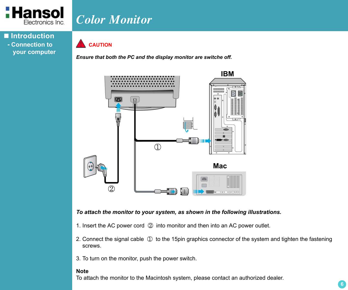 Color Monitor6 Introduction  - Connection to     your computerCAUTIONEnsure that both the PC and the display monitor are switche off.To attach the monitor to your system, as shown in the following illustrations.1. Insert the AC power cord  ②  into monitor and then into an AC power outlet.2. Connect the signal cable  ①  to the 15pin graphics connector of the system and tighten the fastening    screws.3. To turn on the monitor, push the power switch.Note To attach the monitor to the Macintosh system, please contact an authorized dealer.IBMMac①②