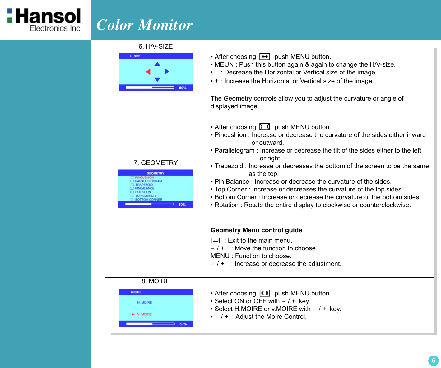 Color Monitor 66. H/V-SIZE • After choosing  , push MENU button.• MEUN : Push this button again &amp; again to change the H/V-size.• －: Decrease the Horizontal or Vertical size of the image. • + : Increase the Horizontal or Vertical size of the image.7. GEOMETRYThe Geometry controls allow you to adjust the curvature or angle ofdisplayed image.• After choosing  , push MENU button.• Pincushion : Increase or decrease the curvature of the sides either inward                      or outward.• Parallelogram : Increase or decrease the tilt of the sides either to the left                           or right.• Trapezoid : Increase or decreases the bottom of the screen to be the same                    as the top.• Pin Balance : Increase or decrease the curvature of the sides.• Top Corner : Increase or decreases the curvature of the top sides.• Bottom Corner : Increase or decrease the curvature of the bottom sides.• Rotation : Rotate the entire display to clockwise or counterclockwise.Geometry Menu control guide  : Exit to the main menu.－ / +    : Move the function to choose.MENU : Function to choose.－ / +    : Increase or decrease the adjustment.8. MOIRE• After choosing  , push MENU button.• Select ON or OFF with － / +  key.• Select H.MOIRE or v.MOIRE with － / +  key.• － / +  : Adjust the Moire Control. 