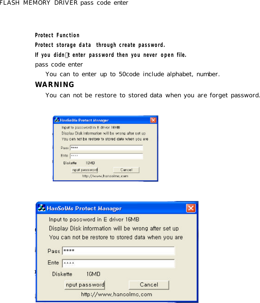 FLASH  MEMORY  DRIVER pass code enterProtect  FunctionProtect  storage data  through create password.If  you  didn　t  enter  password then you never  open file.pass code enterYou  can to enter  up  to  50code  include alphabet, number.WARNINGYou  can not be restore to stored data  when you  are forget password.