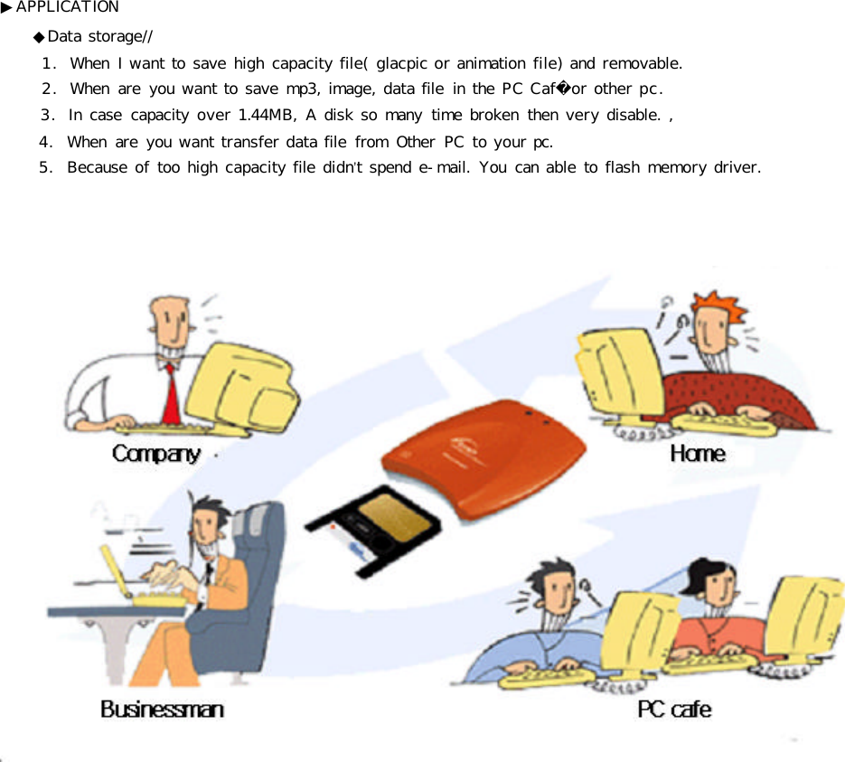 ▶APPLICATION◆Data storage//1.  When  I want to save high capacity file( glacpic or animation file) and removable.2.  When  are  you want to save mp3, image, data file  in the PC Caf or other pc.   3.  In case  capacity over 1.44MB,  A disk so many  time broken  then very disable. ,     4.  When  are  you want transfer data file  from  Other  PC  to your pc.     5.  Because of too high capacity file didn&apos;t spend e-mail.  You  can able to flash memory driver. 