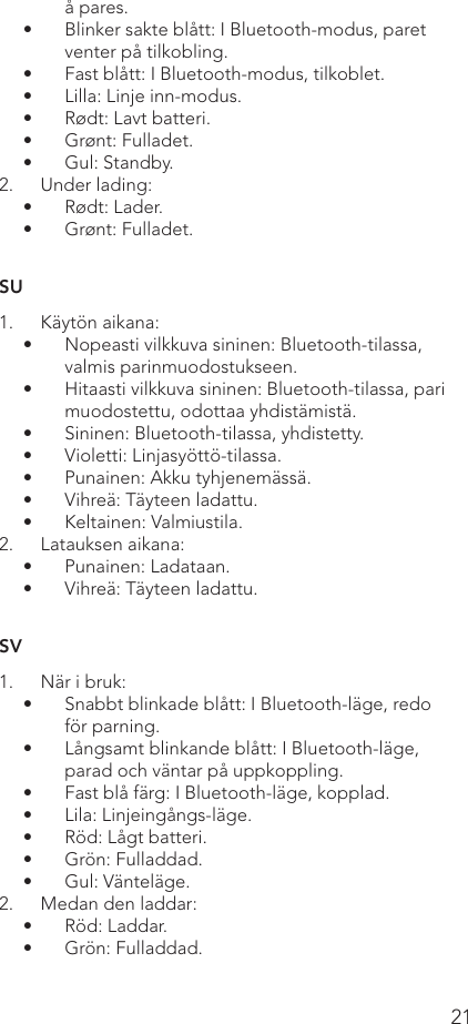 21å pares.•  Blinker sakte blått: I Bluetooth-modus, paret venter på tilkobling.•  Fast blått: I Bluetooth-modus, tilkoblet.•  Lilla: Linje inn-modus.•  Rødt: Lavt batteri.•  Grønt: Fulladet.•  Gul: Standby.2.  Under lading:•  Rødt: Lader.•  Grønt: Fulladet.SU1.  Käytön aikana:•  Nopeasti vilkkuva sininen: Bluetooth-tilassa, valmis parinmuodostukseen.•  Hitaasti vilkkuva sininen: Bluetooth-tilassa, pari muodostettu, odottaa yhdistämistä.•  Sininen: Bluetooth-tilassa, yhdistetty.•  Violetti: Linjasyöttö-tilassa.•  Punainen: Akku tyhjenemässä.•  Vihreä: Täyteen ladattu.•  Keltainen: Valmiustila.2.  Latauksen aikana:•  Punainen: Ladataan.•  Vihreä: Täyteen ladattu.SV1.  När i bruk:•  Snabbt blinkade blått: I Bluetooth-läge, redo för parning.•  Långsamt blinkande blått: I Bluetooth-läge, parad och väntar på uppkoppling.•  Fast blå färg: I Bluetooth-läge, kopplad.•  Lila: Linjeingångs-läge.•  Röd: Lågt batteri.•  Grön: Fulladdad.•  Gul: Vänteläge.2.  Medan den laddar:•  Röd: Laddar.•  Grön: Fulladdad.