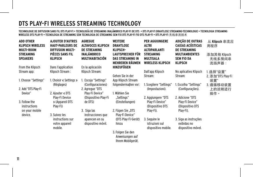 11DTS PLAY-FI WIRELESS STREAMING TECHNOLOGYTECHNOLOGIE DE DIFFUSION SANS FIL DTS PLAY-FI • TECNOLOGÍA DE STREAMING INALÁMBRICO PLAY-FI DE DTS  • DTS PLAY-FI DRAHTLOSE STREAMING-TECHNOLOGIE • TECNOLOGIA STREAMING WIRELESS DTS PLAY-FI • TECNOLOGIA DE STREAMING SEM TECNOLOGIA DE STREAMING SEM FIO DTS PLAY-FI FIO DTS PLAY-FI • DTS PLAY-FI 无线串流技术ADD OTHER KLIPSCH WIRELESS MULTI-ROOM STREAMING SPEAKERSFrom the Klipsch Stream app:1. Choose “Settings”2. Add “DTS Play-Fi Device”3. Follow the instructions on your mobile device.AJOUTER D’AUTRES HAUT-PARLEURS DE DIFFUSION MULTI-PIÈCES SANS FIL KLIPSCHDans l’application Klipsch Stream : 1. Choisir « Settings » (Réglages) 2. Ajouter « DTS Play-Fi Device » (Appareil DTS Play-Fi) 3. Suivez les instructions sur votre appareil mobile.PER AGGIUNGERE ALTRI ALTOPARLANTI STREAMING MULTISALA WIRELESS KLIPSCHDall’app Klipsch Stream:1. Scegliere “Settings” (Impostazioni).2. Aggiungere “DTS Play-Fi Device” (Dispositivo DTS Play-Fi).3. Seguire le istruzioni sul dispositivo mobile.AGREGUE ALTAVOCES KLIPSCH DE STREAMING INALÁMBRICO MULTIHABITACIÓNEn la aplicación Klipsch Stream:1.  Escoja “Settings” (Conﬁguraciones)2. Agregue “DTS Play-Fi Device” (Dispositivo Play-Fi de DTS)3.  Siga las instrucciones que aparecen en su dispositivo móvil.ADIÇÃO DE OUTRAS CAIXAS ACÚSTICAS DE STREAMING MULTIAMBIENTES SEM FIO DA KLIPSCHNo aplicativo Klipsch Stream:1. Escolha “Settings” (Conﬁgurações).2. Adicione “DTS Play-Fi Device” (Dispositivo DTS Play-Fi).3. Siga as instruções exibidas no dispositivo móvel. 从 Klipsch 串流应用程序添加其他 Klipsch 无线多房间串流扬声器：1. 选择“设置”2. 添加“DTS Play-Fi 装置”3. 遵循移动装置上的说明进行操作。WEITERE DRAHTLOSE KLIPSCH-LAUTSPRECHER FÜR DAS STREAMING IN MEHREREN RÄUMEN HINZUFÜGENGehen Sie in der App Klipsch Stream folgendermaßen vor:1. Wählen Sie „Settings“ (Einstellungen)2. Fügen Sie „DTS Play-Fi Device“ (DTS Play-Fi-Gerät) hinzu3. Folgen Sie den Anweisungen auf Ihrem Mobilgerät.