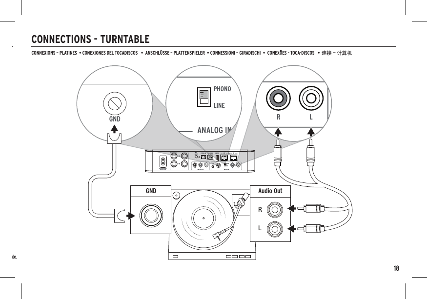 18TECNOLOGÍA INALÁMBRICA BLUETOOTH®  •  CONFIGURACIÓN DE TECNOLOGIA WIRELESS BLUETOOTH ®  •  DRAHTLOSE BLUETOOTH ®-TECHNOLOGIE-SETUP  •  CONFIGURAZIONE TECNOLOGIA WIRELESS BLUETOOTH ®  •  CONFIGURAÇÃO DE TECNOLOGIA BLUETOOTH ®  •  BLUETOOTH ® 蓝牙无线电技术CONNEXIONS – PLATINES  • CONEXIONES DEL TOCADISCOS   •  ANSCHLÜSSE – PLATTENSPIELER  • CONNESSIONI – GIRADISCHI  •  CONEXÕES - TOCA-DISCOS   • 连接 – 计算机CONNECTIONS - TURNTABLE Example only. Your device may differ.  •  À titre d’exemple seulement. Votre appareil peut être différent.  •  Este es solo un ejemplo. Es posible que su dispositivo sea diferente. •  Nur als Beispiel. Ihr Gerät kann anders aussehen  •  Solo a titolo esempliﬁcativo. Lo speciﬁco dispositivo può essere diverso.  •  Apenas para exemplo. O dispositivo pode ser diferente.  • 仅为示例。实际设备可能有所不同LRAudio OutRLGND100-200V/200-240V~50/60Hz, 200W ANALOG OUTOPTICAL INWiFiSETUP USB AUDIO SERVICE INOUTANALOG INLLRRPHONOLINELSUBAUXGNDRANALOG INPHONOLINEGND