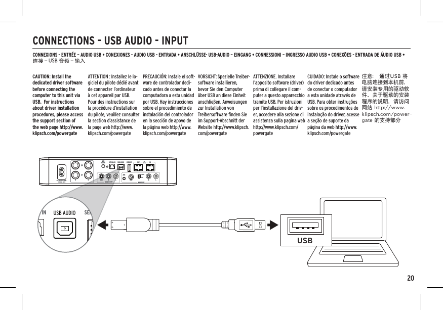 20CONNECTIONS - USB AUDIO - INPUTCONNEXIONS - ENTRÉE – AUDIO USB • CONEXIONES - AUDIO USB - ENTRADA • ANSCHLÜSSE- USB-AUDIO – EINGANG • CONNESSIONI – INGRESSO AUDIO USB • CONEXÕES - ENTRADA DE ÁUDIO USB • 连接 – USB 音频 – 输入USB100-200V/200-240V~50/60Hz, 200W ANALOG OUTOPTICAL INWiFiSETUP USB AUDIO SERVICE INOUTANALOG INLLRRPHONOLINELSUBAUXGNDRUSB AUDIOOPTICAL IN SERVICECAUTION: Install the dedicated driver software before connecting the computer to this unit via USB.  For instructions about driver installation procedures, please access the support section of the web page http://www.klipsch.com/powergateATTENTION : Installez le lo-giciel du pilote dédié avant de connecter l’ordinateur à cet appareil par USB. Pour des instructions sur la procédure d’installation du pilote, veuillez consulter la section d’assistance de la page web http://www.klipsch.com/powergatePRECAUCIÓN: Instale el soft-ware de controlador dedi-cado antes de conectar la computadora a esta unidad por USB. Hay instrucciones sobre el procedimiento de instalación del controlador en la sección de apoyo de la página web http://www.klipsch.com/powergateVORSICHT: Spezielle Treiber-software installieren, bevor Sie den Computer über USB an diese Einheit anschließen. Anweisungen zur Installation von Treibersoftware ﬁnden Sie im Support-Abschnitt der Website http://www.klipsch.com/powergateATTENZIONE. Installare l’apposito software (driver) prima di collegare il com-puter a questo apparecchio tramite USB. Per istruzioni per l’installazione del driv-er, accedere alla sezione di assistenza sulla pagina web http://www.klipsch.com/powergateCUIDADO: Instale o software do driver dedicado antes de conectar o computador a esta unidade através de USB. Para obter instruções sobre os procedimentos de instalação do driver, acesse a seção de suporte da página da web http://www.klipsch.com/powergate注意： 通过USB 将电脑连接到本机前，请安装专用的驱动软件。关于驱动的安装程序的说明，请访问网站 http://www.klipsch.com/power-gate 的支持部分