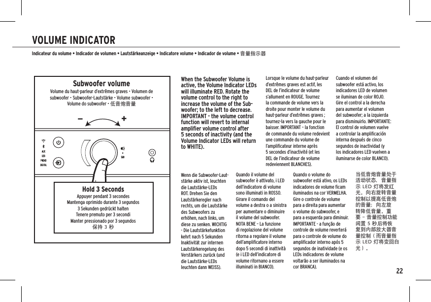 22VOLUME INDICATORIndicateur du volume • Indicador de volumen • Lautstärkeanzeige • Indicatore volume • Indicador de volume • 音量指示器+_+_Subwoofer volumeVolume du haut-parleur d’extrêmes graves • Volumen de subwoofer • Subwoofer-Lautstärke • Volume subwoofer • Volume do subwoofer • 低音炮音量Hold 3 SecondsAppuyer pendant 3 secondesMantenga oprimido durante 3 segundos3 Sekunden gedrückt haltenTenere premuto per 3 secondiManter pressionado por 3 segundos保持 3 秒When the Subwoofer Volume is active, the Volume Indicator LEDs will illuminate RED. Rotate the volume control to the right to increase the volume of the Sub-woofer; to the left to decrease. IMPORTANT - the volume control function will revert to internal ampliﬁer volume control after 5 seconds of inactivity (and the Volume Indicator LEDs will return to WHITE).Lorsque le volume du haut-parleur d’extrêmes graves est actif, les DEL de l’indicateur de volume s’allument en ROUGE. Tournez la commande de volume vers la droite pour monter le volume du haut-parleur d’extrêmes graves ; tournez-la vers la gauche pour le baisser. IMPORTANT – la fonction de commande du volume redevient une commande du volume de l’ampliﬁcateur interne après 5 secondes d’inactivité (et les DEL de l’indicateur de volume redeviennent BLANCHES).Cuando el volumen del subwoofer está activo, los indicadores LED de volumen se iluminan de color ROJO. Gire el control a la derecha para aumentar el volumen del subwoofer; a la izquierda para disminuirlo. IMPORTANTE: El control de volumen vuelve a controlar la ampliﬁcación interna después de cinco segundos de inactividad (y los indicadores LED vuelven a iluminarse de color BLANCO).Wenn die Subwoofer-Laut-stärke aktiv ist, leuchten die Lautstärke-LEDs ROT. Drehen Sie den Lautstärkeregler nach rechts, um die Lautstärke des Subwoofers zu erhöhen, nach links, um diese zu senken. WICHTIG - Die Lautstärkefunktion kehrt nach 5 Sekunden Inaktivität zur internen Lautstärkeregelung des Verstärkers zurück (und die Lautstärke-LEDs leuchten dann WEISS).Quando il volume del subwoofer è attivato, i LED dell’indicatore di volume sono illuminati in ROSSO. Girare il comando del volume a destra o a sinistra per aumentare o diminuire il volume del subwoofer. NOTA BENE – La funzione di regolazione del volume ritorna a regolare il volume dell’ampliﬁcatore interno dopo 5 secondi di inattività (e i LED dell’indicatore di volume ritornano a essere illuminati in BIANCO).Quando o volume do subwoofer está ativo, os LEDs indicadores de volume ﬁcam iluminados na cor VERMELHA. Gire o controle de volume para a direita para aumentar o volume do subwoofer, e para a esquerda para diminuir. IMPORTANTE - a função de controle de volume reverterá para o controle de volume do ampliﬁcador interno após 5 segundos de inatividade (e os LEDs indicadores de volume voltarão a ser iluminados na cor BRANCA).当低音炮音量处于活动状态，音量指示 LED 灯将发红光。向右旋转音量控制以提高低音炮的音量；向左旋转降低音量。重要 - 音量控制功能闲置 5 秒后将恢复到内部放大器音量控制（而音量指示 LED 灯将变回白光）。