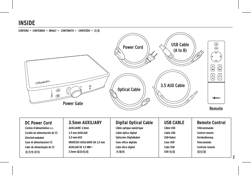 2INSIDECONTENU  •  CONTENIDO  •  INHALT  •   CONTENUTO  •   CONTEÚDO  •  目录Power CordOptical CableUSB Cable(A to B)Power Gate Remote3.5 AUX CableDC Power CordCordon d’alimentation c.c.Cordón de alimentación de CCGleichstromkabelCavo di alimentazione CCCabo de alimentação de CC直流电源线3.5mm AUXILIARYAUXILIAIRE 3,5mm3.5 mm AUXILIAR 3,5-mm-AUXINGRESSO AUSILIARIO DA 3,5 mm AUXILIAR DE 3,5 MM • 3.5mm 辅助电缆Digital Optical CableCâble optique numérique Cable óptico digitalOptisches Digitalkabel  Cavo ottico digitale Cabo ótico digital 光纖線USB CABLECâble USBCable USB USB-KabelCavo USBCabo USBUSB 电缆Remote ControlTélécommandeControl remoto FernbedienungTelecomandoControle remoto遥控器