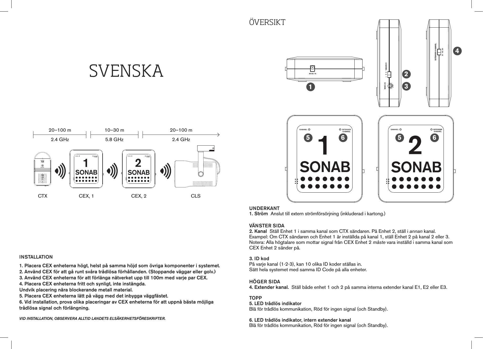ÖvErSIktUNDERKANT1. Ström  Anslut till extern strömförsörjning (inkluderad i kartong.)VÄNSTER SIDA2. Kanal  Ställ Enhet 1 i samma kanal som CTX sändaren. På Enhet 2, ställ i annan kanal.  Exampel: Om CTX sändaren och Enhet 1 är inställda på kanal 1, ställ Enhet 2 på kanal 2 eller 3.Notera: Alla högtalare som mottar signal från CEX Enhet 2 måste vara inställd i samma kanal som CEX Enhet 2 sänder på. 3. ID kodPå varje kanal (1-2-3), kan 10 olika ID koder ställas in.  Sätt hela systemet med samma ID Code på alla enheter. HÖGER SIDA4. Extender kanal.  Ställ både enhet 1 och 2 på samma interna extender kanal E1, E2 eller E3.TOPP5. LED trådlös indikatorBlå för trådlös kommunikation, Röd för ingen signal (och Standby).6. LED trådlös indikator, intern extender kanalBlå för trådlös kommunikation, Röd för ingen signal (och Standby).INSTALLATION1. Placera CEX enheterna högt, helst på samma höjd som övriga komponenter i systemet.2. Använd CEX för att gå runt svåra trådlösa förhållanden. (Stoppande väggar eller golv.)3. Använd CEX enheterna för att förlänga nätverket upp till 100m med varje par CEX.4. Placera CEX enheterna fritt och synligt, inte instängda. Undvik placering nära blockerande metall material. 5. Placera CEX enheterna lätt på vägg med det inbygga väggfästet.6. Vid installation, prova olika placeringar av CEX enheterna för att uppnå bästa möjliga trådlösa signal och förlängning. vid installation, observera alltid landets elsäkerhetsföreskrifter.SvENSkACTX20–100 m2.4 GHz10–30 m5.8 GHz20–100 m2.4 GHzCEX, 1 CEX, 2 CLS012345 56 6