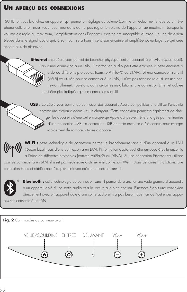 32un aPerçu des connexIons[SUITE] Si vous branchez un appareil qui permet un réglage du volume (comme un lecteur numérique ou un télé-phone cellulaire), nous vous recommandons de ne pas régler le volume de l’appareil au maximum. Lorsque le volume est réglé au maximum, l’amplificateur dans l’appareil externe est susceptible d’introduire une distorsion élevée dans le signal audio qui, à son tour, sera transmise à son enceinte et amplifiée davantage, ce qui crée encore plus de distorsion.Ethernet : ce câble vous permet de brancher physiquement un appareil à un LAN (réseau local). Lors d’une connexion à un LAN, l’information audio peut être envoyée à cette enceinte à l’aide de différents protocoles (comme AirPlay® ou DLNA). Si une connexion sans fil (Wi-Fi) est utilisée pour se connecter à un LAN, il n’est pas nécessaire d’utiliser une con-nexion Ethernet. Toutefois, dans certaines installations, une connexion Ethernet câblée peut être plus indiquée qu’une connexion sans fil.USB : ce câble vous permet de connecter des appareils Apple compatibles et d’utiliser l’enceinte comme une station d’accueil et un chargeur. Cette connexion permettra également de char-ger les appareils d’une autre marque qu’Apple qui peuvent être chargés par l’entremise d’une connexion USB. La connexion USB de cette enceinte a été conçue pour charger rapidement de nombreux types d’appareil.Wi-Fi : cette technologie de connexion permet le branchement sans fil d’un appareil à un LAN (réseau local). Lors d’une connexion à un LAN, l’information audio peut être envoyée à cette enceinte à l’aide de différents protocoles (comme AirPlay® ou DLNA). Si une connexion Ethernet est utilisée pour se connecter à un LAN, il n’est pas nécessaire d’utiliser une connexion Wi-Fi. Dans certaines installations, une connexion Ethernet câblée peut être plus indiquée qu’une connexion sans fil.Bluetooth : cette technologie de connexion sans fil permet de brancher une vaste gamme d’appareils à un appareil doté d’une sortie audio et à la lecture audio en continu. Bluetooth établit une connexion directement avec un appareil doté d’une sortie audio et n’a pas besoin que l’un ou l’autre des appar-eils soit connecté à un LAN.VEILLE/SOURDINE ENTRÉE VOL– VOL+DEL AVANTFig. 2 Commandes du panneau avant 