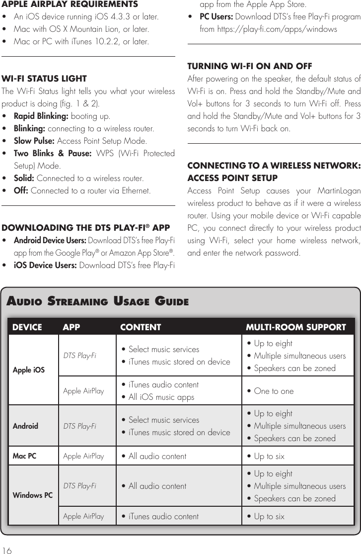 16audIo streamIng usage guIdeDEVICE APP CONTENT MULTI-ROOM SUPPORTApple iOSDTS Play-Fi • Select music services• iTunes music stored on device• Up to eight• Multiple simultaneous users• Speakers can be zonedApple AirPlay • iTunes audio content• All iOS music apps • One to oneAndroid DTS Play-Fi • Select music services• iTunes music stored on device• Up to eight• Multiple simultaneous users• Speakers can be zonedMac PC Apple AirPlay • All audio content • Up to sixWindows PC DTS Play-Fi • All audio content• Up to eight• Multiple simultaneous users• Speakers can be zonedApple AirPlay • iTunes audio content • Up to sixAPPLE AIRPLAY REQUIREMENTS•  An iOS device running iOS 4.3.3 or later.•  Mac with OS X Mountain Lion, or later.•  Mac or PC with iTunes 10.2.2, or later.WI-FI STATUS LIGHTThe Wi-Fi Status light tells you what your wireless product is doing (fig. 1 &amp; 2).•  Rapid Blinking: booting up.•  Blinking: connecting to a wireless router.•  Slow Pulse: Access Point Setup Mode.•  Two Blinks &amp; Pause: WPS (Wi-Fi Protected Setup) Mode.•  Solid: Connected to a wireless router.•  Off: Connected to a router via Ethernet.DOWNLOADING THE DTS PLAY-FI® APP• Android Device Users: Download DTS’s free Play-Fi app from the Google Play® or Amazon App Store®.•  iOS Device Users: Download DTS’s free Play-Fi app from the Apple App Store. •  PC Users: Download DTS’s free Play-Fi program from https://play-fi.com/apps/windowsTURNING WI-FI ON AND OFFAfter powering on the speaker, the default status of Wi-Fi is on. Press and hold the Standby/Mute and Vol+ buttons for 3 seconds to turn Wi-Fi off. Press and hold the Standby/Mute and Vol+ buttons for 3 seconds to turn Wi-Fi back on.CONNECTING TO A WIRELESS NETWORK: ACCESS POINT SETUPAccess Point Setup causes your MartinLogan wireless product to behave as if it were a wireless router. Using your mobile device or Wi-Fi capable PC, you connect directly to your wireless product using Wi-Fi, select your home wireless network, and enter the network password.