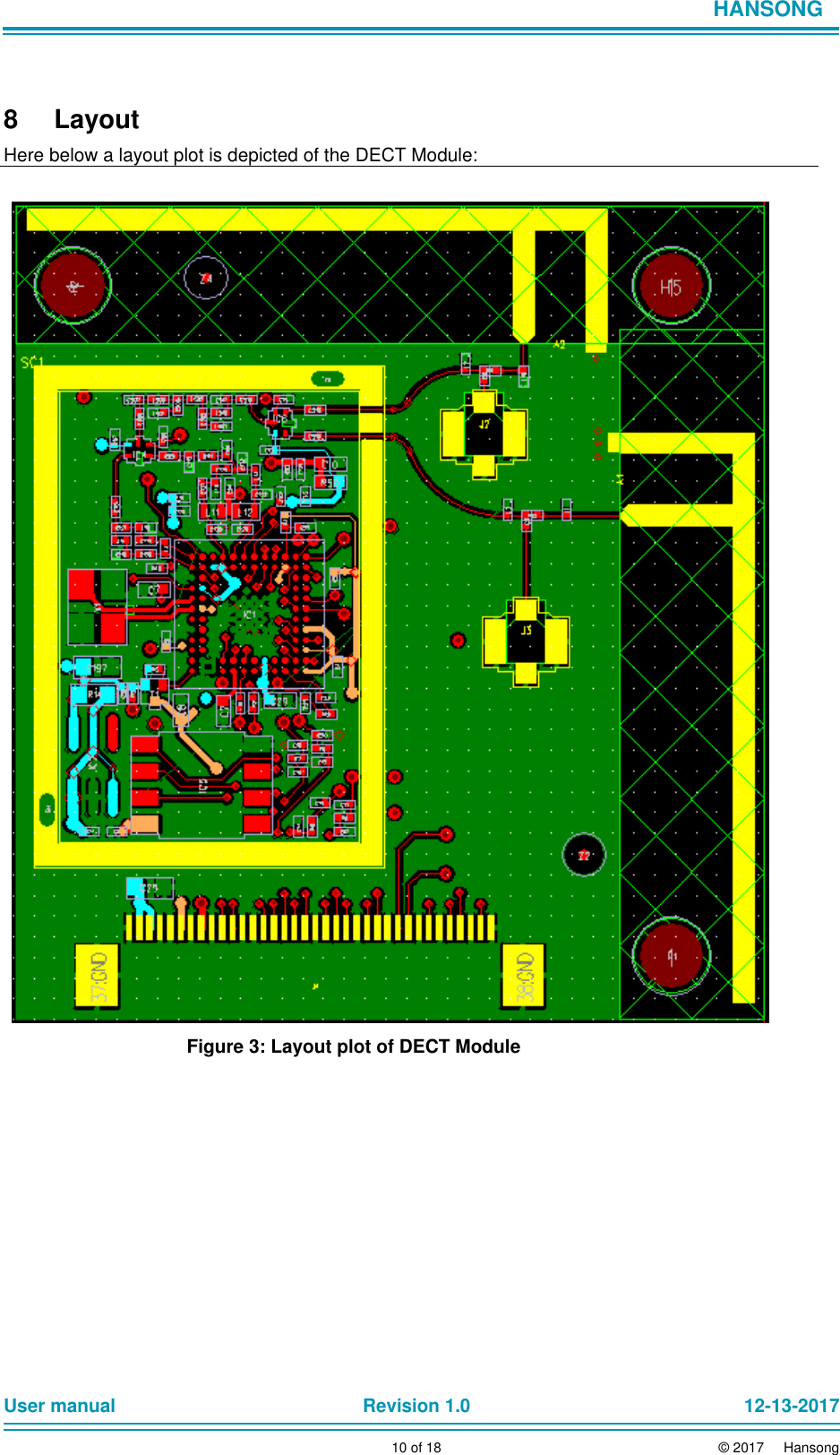                            HANSONG      8  Layout  Here below a layout plot is depicted of the DECT Module:                                              Figure 3: Layout plot of DECT Module                   User manual Revision 1.0 12-13-2017        10 of 18 © 2017     Hansong 