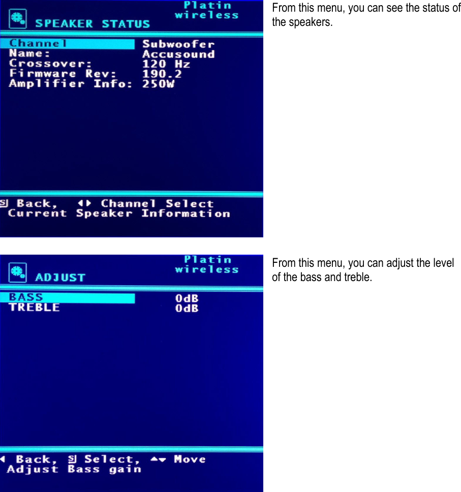 From this menu, you can see the status of the speakers.                 From this menu, you can adjust the level of the bass and treble.                           