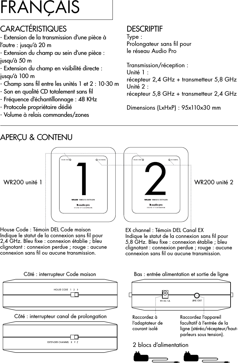 FRANÇAISDESCRIPTIFType :Prolongateur sans fil pour  le réseau Audio Pro Transmission/réception :Unité 1 : récepteur 2,4 GHz + transmetteur 5,8 GHz Unité 2 : récepteur 5,8 GHz + transmetteur 2,4 GHz Dimensions (LxHxP) : 95x110x30 mmCARACTÉRISTIQUES- Extension de la transmission d’une pièce à l’autre : jusqu’à 20 m- Extension du champ au sein d’une pièce : jusqu’à 50 m- Extension du champ en visibilité directe : jusqu’à 100 m- Champ sans ﬁl entre les unités 1 et 2 : 10-30 m- Son en qualité CD totalement sans ﬁl - Fréquence d’échantillonnage : 48 KHz- Protocole propriétaire dédié- Volume à relais commandes/zones APERÇU &amp; CONTENUWR200 unité 1 WR200 unité 2House Code : Témoin DEL Code maisonIndique le statut de la connexion sans ﬁl pour 2,4 GHz. Bleu ﬁxe : connexion établie ; bleu clignotant : connexion perdue ; rouge : aucune connexion sans ﬁl ou aucune transmission.Côté : interrupteur Code maisonCôté : interrupteur canal de prolongation Bas : entrée alimentation et sortie de ligneEX channel : Témoin DEL Canal EX Indique le statut de la connexion sans ﬁl pour 5,8 GHz. Bleu ﬁxe : connexion établie ; bleu clignotant : connexion perdue ; rouge : aucune connexion sans ﬁl ou aucune transmission.2 blocs d’alimentationRaccordez à l’adaptateur de courant isoléRaccordez l’appareil facultatif à l’entrée de la ligne (stéréo/récepteur/haut-parleurs sous tension).