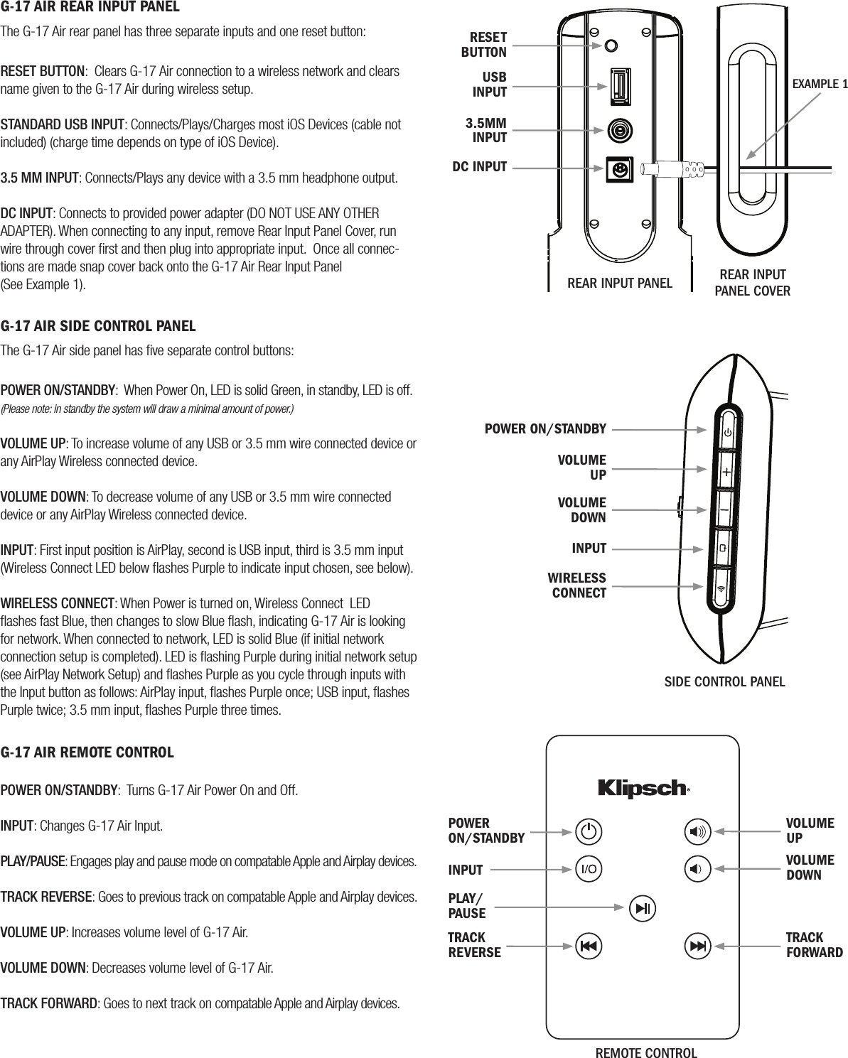 G-17 AIR REAR INPUT PANELThe G-17 Air rear panel has three separate inputs and one reset button:RESET BUTTON:  Clears G-17 Air connection to a wireless network and clears name given to the G-17 Air during wireless setup.STANDARD USB INPUT: Connects/Plays/Charges most iOS Devices (cable not included) (charge time depends on type of iOS Device).3.5 MM INPUT: Connects/Plays any device with a 3.5 mm headphone output. DC INPUT: Connects to provided power adapter (DO NOT USE ANY OTHER ADAPTER). When connecting to any input, remove Rear Input Panel Cover, run wire through cover ﬁrst and then plug into appropriate input.  Once all connec-tions are made snap cover back onto the G-17 Air Rear Input Panel (See Example 1).G-17 AIR SIDE CONTROL PANELThe G-17 Air side panel has ﬁve separate control buttons:POWER ON/STANDBY:  When Power On, LED is solid Green, in standby, LED is off.(Please note: in standby the system will draw a minimal amount of power.)VOLUME UP: To increase volume of any USB or 3.5 mm wire connected device or any AirPlay Wireless connected device.VOLUME DOWN: To decrease volume of any USB or 3.5 mm wire connected device or any AirPlay Wireless connected device.INPUT: First input position is AirPlay, second is USB input, third is 3.5 mm input (Wireless Connect LED below ﬂashes Purple to indicate input chosen, see below).WIRELESS CONNECT: When Power is turned on, Wireless Connect  LED ﬂashes fast Blue, then changes to slow Blue ﬂash, indicating G-17 Air is looking for network. When connected to network, LED is solid Blue (if initial network connection setup is completed). LED is ﬂashing Purple during initial network setup (see AirPlay Network Setup) and ﬂashes Purple as you cycle through inputs with the Input button as follows: AirPlay input, ﬂashes Purple once; USB input, ﬂashes Purple twice; 3.5 mm input, ﬂashes Purple three times.G-17 AIR REMOTE CONTROLPOWER ON/STANDBY:  Turns G-17 Air Power On and Off.INPUT: Changes G-17 Air Input.PLAY/PAUSE: Engages play and pause mode on compatable Apple and Airplay devices.  TRACK REVERSE: Goes to previous track on compatable Apple and Airplay devices.VOLUME UP: Increases volume level of G-17 Air.VOLUME DOWN: Decreases volume level of G-17 Air.TRACK FORWARD: Goes to next track on compatable Apple and Airplay devices.RESET BUTTONUSBINPUT3.5MMINPUTDC INPUTReaR Input panelexample 1ReaR Input panel CoveRPOWER ON/STANDBY VOLUMEUPVOLUMEDOWNINPUTWIRELESSCONNECTPOWERON/STANDBYINPUTTRACKREVERSEPLAY/PAUSETRACKFORWARDVOLUMEDOWNVOLUMEUPSIde ContRol panelRemote ContRol