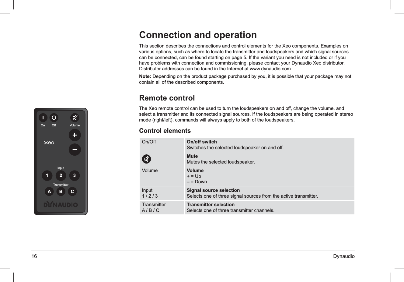 16 DynaudioConnection and operationThis section describes the connections and control elements for the Xeo components. Examples on various options, such as where to locate the transmitter and loudspeakers and which signal sources can be connected, can be found starting on page 5. If the variant you need is not included or if you have problems with connection and commissioning, please contact your Dynaudio Xeo distributor. Distributor addresses can be found in the Internet at www.dynaudio.com.Note: Depending on the product package purchased by you, it is possible that your package may not contain all of the described components.Remote controlThe Xeo remote control can be used to turn the loudspeakers on and off, change the volume, and select a transmitter and its connected signal sources. If the loudspeakers are being operated in stereo mode (right/left), commands will always apply to both of the loudspeakers.Control elementsOn/Off On/off switchSwitches the selected loudspeaker on and off.MuteMutes the selected loudspeaker.Volume Volume+ = Up– = DownInput1 / 2 / 3Signal source selectionSelects one of three signal sources from the active transmitter. TransmitterA / B / CTransmitter selectionSelects one of three transmitter channels. On OffTransmitterInput123ABCVolume