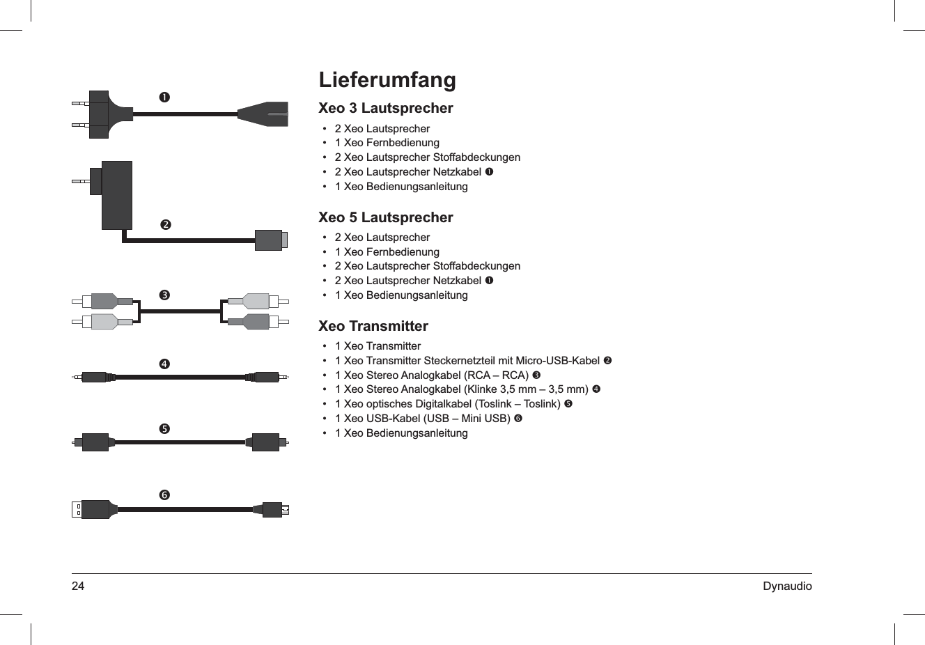 24 DynaudioLieferumfangXeo 3 Lautsprecher2 Xeo Lautsprecher• 1 Xeo Fernbedienung• 2 Xeo Lautsprecher Stoffabdeckungen• 2 Xeo Lautsprecher Netzkabel •  1 Xeo Bedienungsanleitung• Xeo 5 Lautsprecher2 Xeo Lautsprecher• 1 Xeo Fernbedienung• 2 Xeo Lautsprecher Stoffabdeckungen• 2 Xeo Lautsprecher Netzkabel •  1 Xeo Bedienungsanleitung• Xeo Transmitter1 Xeo Transmitter• 1 Xeo Transmitter Steckernetzteil mit Micro-USB-Kabel •  1 Xeo Stereo Analogkabel (RCA – RCA) •  1 Xeo Stereo Analogkabel (Klinke 3,5 mm – 3,5 mm) •  1 Xeo optisches Digitalkabel (Toslink – Toslink) •  1 Xeo USB-Kabel (USB – Mini USB) •  1 Xeo Bedienungsanleitung• 