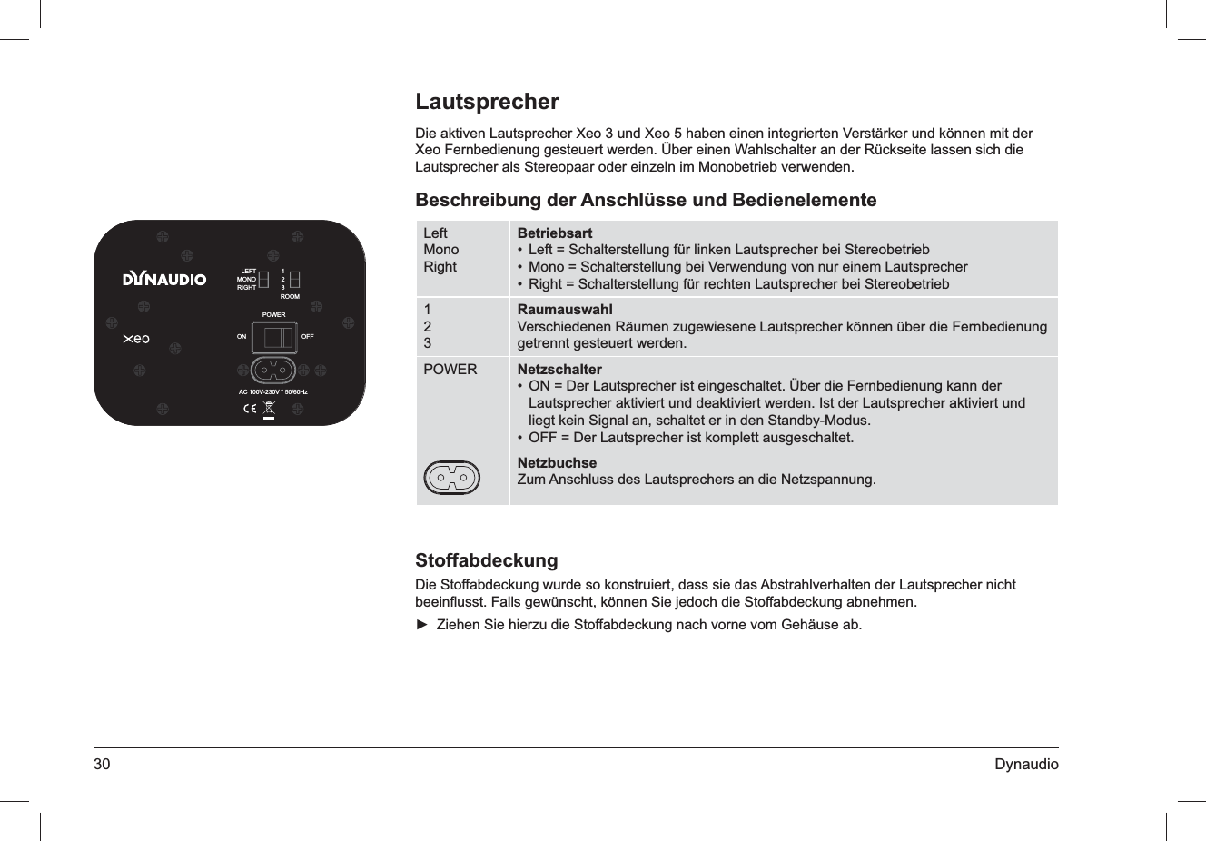 30 DynaudioLautsprecherDie aktiven Lautsprecher Xeo 3 und Xeo 5 haben einen integrierten Verstärker und können mit der Xeo Fernbedienung gesteuert werden. Über einen Wahlschalter an der Rückseite lassen sich die Lautsprecher als Stereopaar oder einzeln im Monobetrieb verwenden.Beschreibung der Anschlüsse und BedienelementeLeftMonoRightBetriebsartLeft = Schalterstellung für linken Lautsprecher bei Stereobetrieb• Mono = Schalterstellung bei Verwendung von nur einem Lautsprecher• Right = Schalterstellung für rechten Lautsprecher bei Stereobetrieb• 123RaumauswahlVerschiedenen Räumen zugewiesene Lautsprecher können über die Fernbedienung getrennt gesteuert werden.POWER NetzschalterON = Der Lautsprecher ist eingeschaltet. Über die Fernbedienung kann der • Lautsprecher aktiviert und deaktiviert werden. Ist der Lautsprecher aktiviert und liegt kein Signal an, schaltet er in den Standby-Modus.OFF = Der Lautsprecher ist komplett ausgeschaltet.• NetzbuchseZum Anschluss des Lautsprechers an die Netzspannung.StoffabdeckungDie Stoffabdeckung wurde so konstruiert, dass sie das Abstrahlverhalten der Lautsprecher nicht beeinﬂusst. Falls gewünscht, können Sie jedoch die Stoffabdeckung abnehmen.Ziehen Sie hierzu die Stoffabdeckung nach vorne vom Gehäuse ab. ►ROOMPOWERLEFTMONORIGHT123AC 100V-230V ˜ 50/60HzOFFON