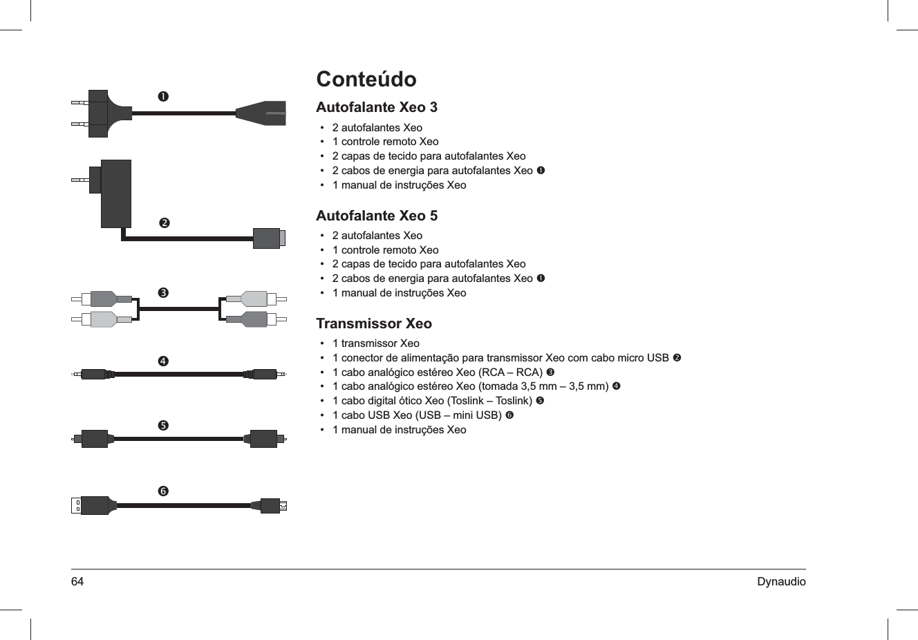 64 DynaudioConteúdoAutofalante Xeo 32 autofalantes Xeo• 1 controle remoto Xeo• 2 capas de tecido para autofalantes Xeo• 2 cabos de energia para autofalantes Xeo •  1 manual de instruções Xeo• Autofalante Xeo 52 autofalantes Xeo• 1 controle remoto Xeo• 2 capas de tecido para autofalantes Xeo • 2 cabos de energia para autofalantes Xeo •  1 manual de instruções Xeo• Transmissor Xeo1 transmissor Xeo• 1 conector de alimentação para transmissor Xeo com cabo micro USB •  1 cabo analógico estéreo Xeo (RCA – RCA) •  1 cabo analógico estéreo Xeo (tomada 3,5 mm – 3,5 mm) •  1 cabo digital ótico Xeo (Toslink – Toslink) •  1 cabo USB Xeo (USB – mini USB) •  1 manual de instruções Xeo• 