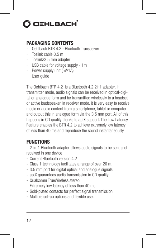 Page 12 of Hansong HSPTC867 Bluetooth Low-latency Transceiver User Manual BTR 4 2 indd