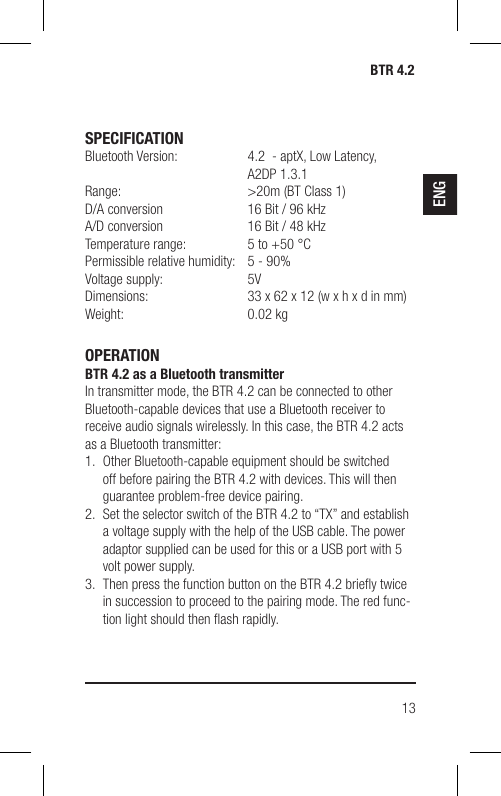 Page 13 of Hansong HSPTC867 Bluetooth Low-latency Transceiver User Manual BTR 4 2 indd