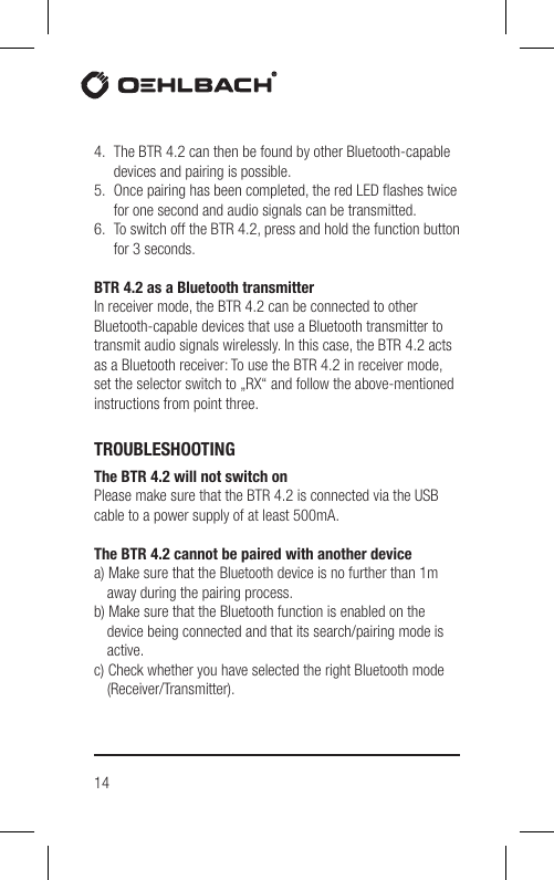 Page 14 of Hansong HSPTC867 Bluetooth Low-latency Transceiver User Manual BTR 4 2 indd