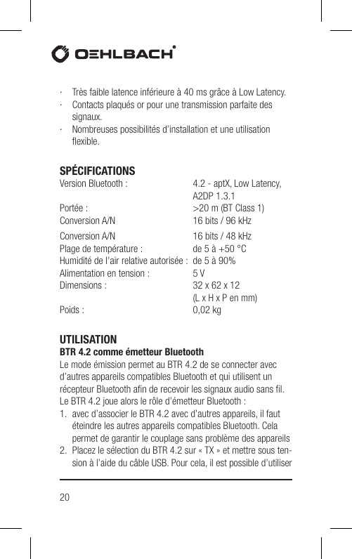 Page 20 of Hansong HSPTC867 Bluetooth Low-latency Transceiver User Manual BTR 4 2 indd