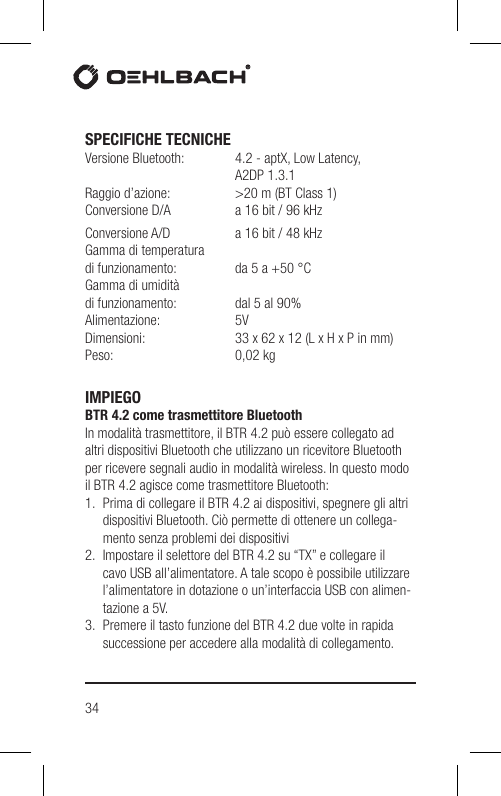 Page 34 of Hansong HSPTC867 Bluetooth Low-latency Transceiver User Manual BTR 4 2 indd