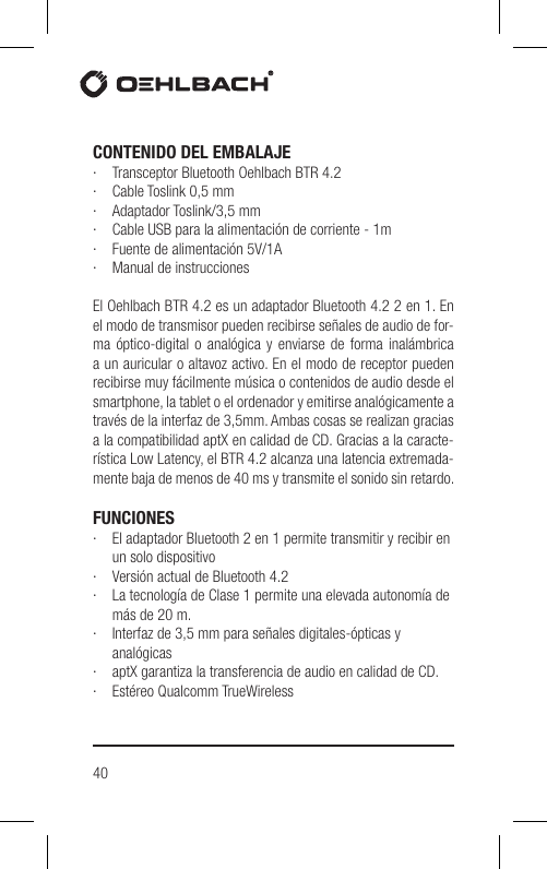 Page 40 of Hansong HSPTC867 Bluetooth Low-latency Transceiver User Manual BTR 4 2 indd