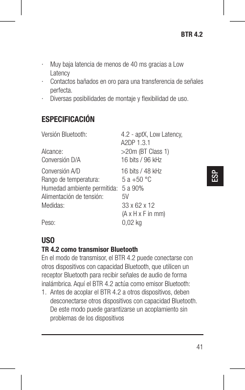 Page 41 of Hansong HSPTC867 Bluetooth Low-latency Transceiver User Manual BTR 4 2 indd