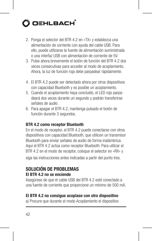 Page 42 of Hansong HSPTC867 Bluetooth Low-latency Transceiver User Manual BTR 4 2 indd