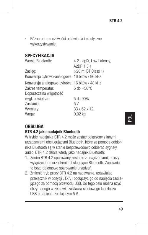 Page 49 of Hansong HSPTC867 Bluetooth Low-latency Transceiver User Manual BTR 4 2 indd