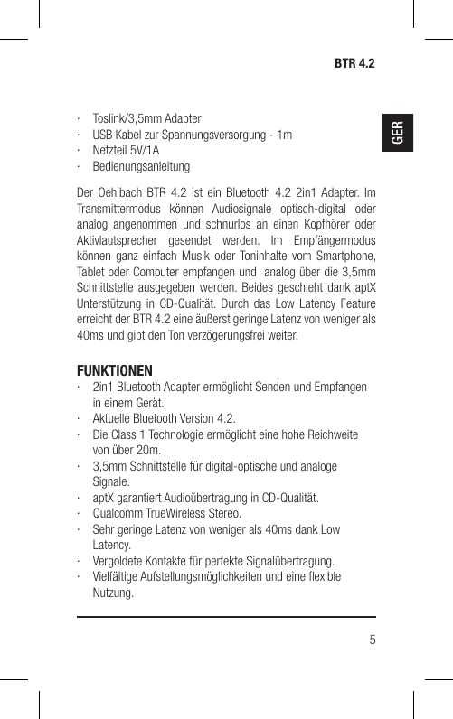 Page 5 of Hansong HSPTC867 Bluetooth Low-latency Transceiver User Manual BTR 4 2 indd