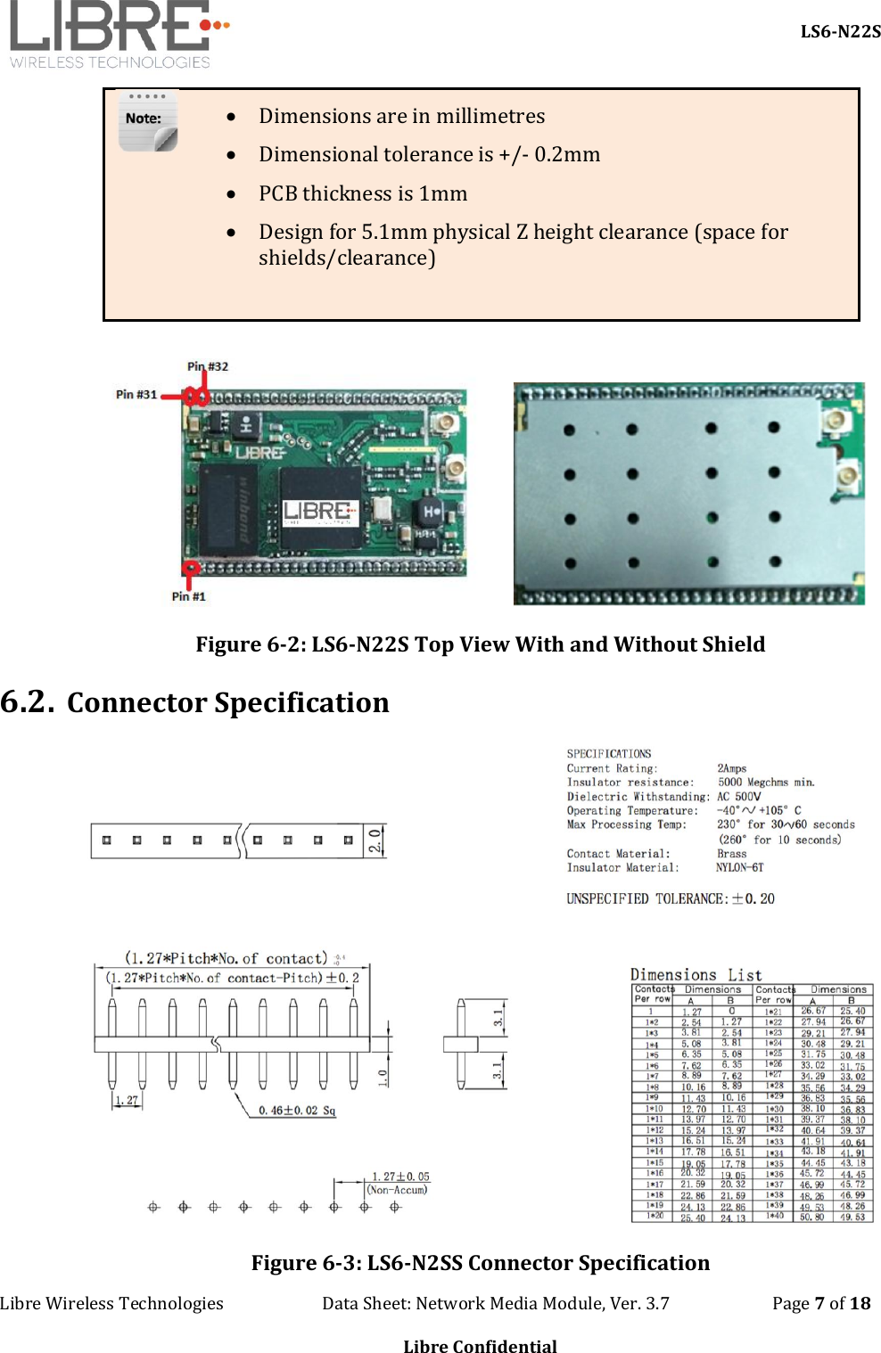     LS6-N22S Libre Wireless Technologies                        Data Sheet: Network Media Module, Ver. 3.7                         Page 7 of 18  Libre Confidential   Dimensions are in millimetres  Dimensional tolerance is +/- 0.2mm  PCB thickness is 1mm  Design for 5.1mm physical Z height clearance (space for shields/clearance)           Figure 6-2: LS6-N22S Top View With and Without Shield 6.2. Connector Specification  Figure 6-3: LS6-N2SS Connector Specification 