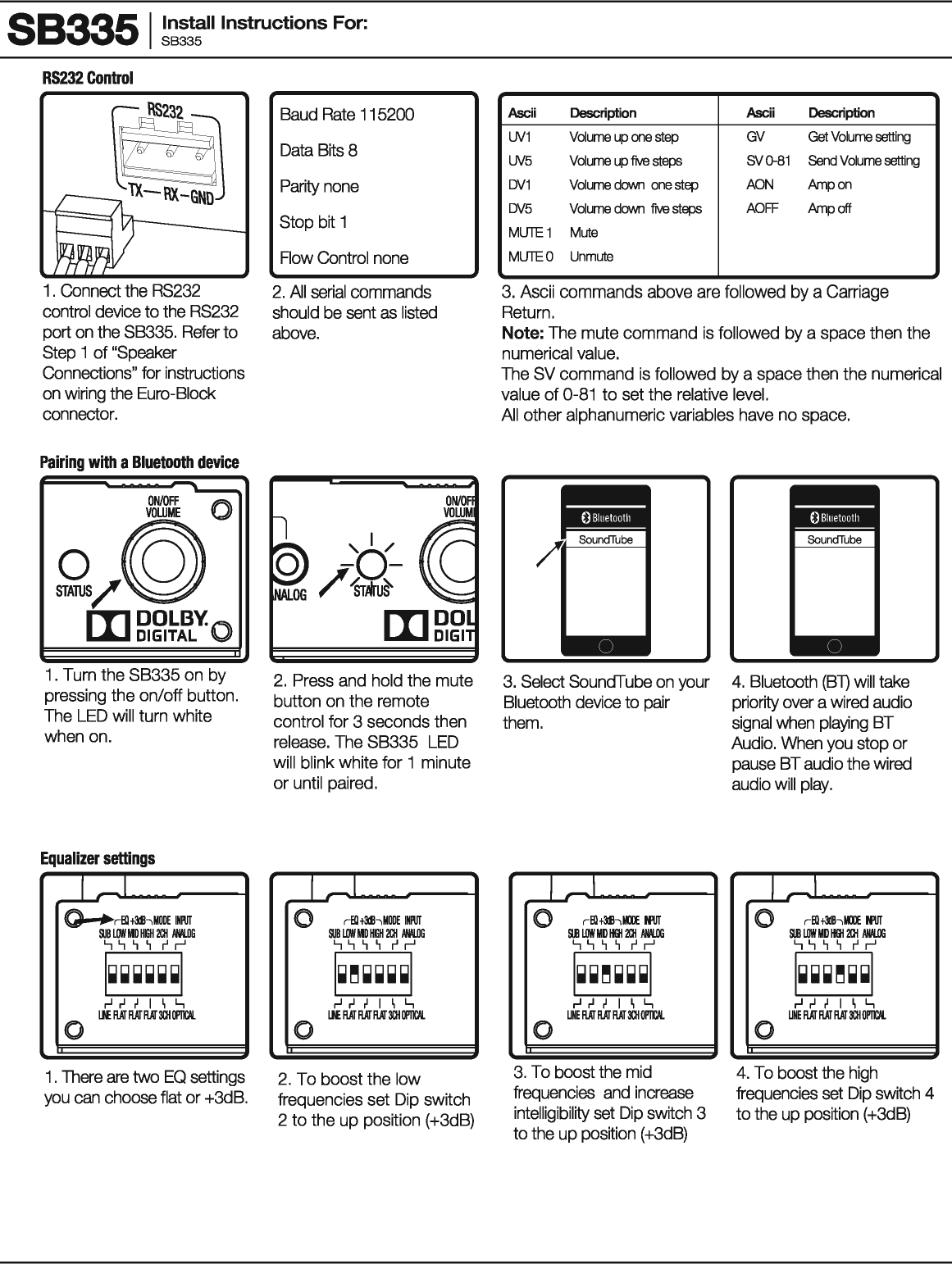 883351 ~~~!:II Instructions For: RS232 Control 1 . Connect the RS232 control device to the RS232 port on the SB335. Refer to Step 1 of &quot;Speaker Connections&quot; for instructions on wiring the Euro-Biock connector. Pairing with a Bluetooth device ON/OFF ~ VOWME y 2/@ [I]~gtRv.o 1. Turn the SB335 on by pressing the on/off button. The LED will turn white when on. Equalizer settings _L I Q.....,-Blt311hMOOE INPUT &amp;IB IJIN PliO HEH 201 NW.OG .., .., , ~ r&apos; r&apos; ~~~~~~~I ,..J ,-I ~ I  \ L, Ill RAT RAT RAT 3Qlll&apos;ltll. 0 1 . There are two EQ settings you can choose flat or +3d B. Baud Rate 115200 Data Bits8 Parity none Stop bit 1 Flow Control none 2. All serial commands should be sent as listed above. ,I/ -0 -/ ir.tuS&apos; ON/OF VOWM III DO DIG I 2. Press and hold the mute button on the remote control for 3 seconds then release. The SB335 LED will blink white for 1 minute or until paired. _L I 0 rBl t311hMOOE INPUT &amp;IB IJIN PliO HEH 201 NW.OG .., .., , ~ r&apos; r&apos; ~~~~~~~I ,..J ,-I ~ I  \ L, Ill RAT RAT RAT 3Qlll&apos;ltll. 0 2. To boost the low frequencies set Dip switch 2 to the up position (+3dB) Ascii  Description  Ascii  Description LN1 Volume up one step GV Get Volume setting LN5 Volume up five steps SVG-81 Send Volume setting DV1 Volume down one step AON Amp on DV5 Volume down fiVe steps AOFF Amp off MLJTE 1 Mute MLJTEO Unmute 3. Ascii commands above are followed by a Carriage Return. Note: The mute command is followed by a space then the numerical value. The SV command is followed by a space then the numerical value of 0-81 to set the relative level. All other alphanumeric variables have no space. 3. Select SoundTube on your Bluetooth device to pair them. _L I 0 ,-EQ tllhloiXJE tfUT &amp;18 LOW MD 1191201 MW.OO .., .., , ~ r&apos; r&apos; ~~~~~~~I ,..J ,-I ~ I  \ L, UNE RAT RAT RAT 3Ql 01&apos;11&apos;11. 0 3. To boost the mid frequencies and increase intelligibility set Dip switch 3 to the up position (+3dB) 4. Bluetooth (Bl) will take priority over a wired audio signal when playing BT Audio. When you stop or pause BT audio the wired audio will play. _L I 0 rBltllhloiXJE tfUT &amp;18 LOW MD 1191201 MW.OO .., .., , ~ r&apos; r&apos; ~~~~~~~I ,..J ,-I ~ I  \ L, UNE RAT RAT RAT 3Ql 01&apos;11&apos;11. 0 4. To boost the high frequencies set Dip switch 4 to the up position (+3dB) 