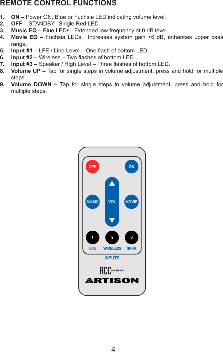 REMOTE CONTROL FUNCTIONS1.  ON – Power ON. Blue or Fuchsia LED indicating volume level.2.  OFF – STANDBY.  Single Red LED.3.  Music EQ – Blue LEDs.  Extended low frequency at 0 dB level.4.  Movie EQ – Fuchsia  LEDs.    Increases  system  gain  +6  dB,  enhances  upper  bass range.5.  Input #1 – LFE / Line Level – One ash of bottom LED.6.  Input #2 – Wireless – Two ashes of bottom LED.7.  Input #3 – Speaker / High Level – Three ashes of bottom LED.8.  Volume UP – Tap for single steps in volume adjustment, press and hold for multiple steps.9.  Volume DOWN –  Tap  for  single  steps  in  volume  adjustment,  press  and  hold  for multiple steps.4