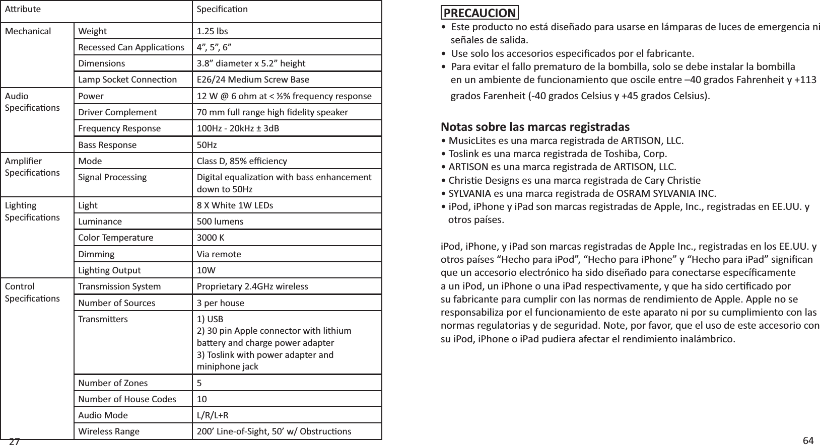 27 64 PRECAUCIONͻƐƚĞƉƌŽĚƵĐƚŽŶŽĞƐƚĄĚŝƐĞŹĂĚŽƉĂƌĂƵƐĂƌƐĞĞŶůĄŵƉĂƌĂƐĚĞůƵĐĞƐĚĞĞŵĞƌŐĞŶĐŝĂŶŝ    señales de salida.ͻhƐĞƐŽůŽůŽƐĂĐĐĞƐŽƌŝŽƐĞƐƉĞĐŝĮĐĂĚŽƐƉŽƌĞůĨĂďƌŝĐĂŶƚĞ͘ͻWĂƌĂĞǀŝƚĂƌĞůĨĂůůŽƉƌĞŵĂƚƵƌŽĚĞůĂďŽŵďŝůůĂ͕ƐŽůŽƐĞĚĞďĞŝŶƐƚĂůĂƌůĂďŽŵďŝůůĂĞŶƵŶĂŵďŝĞŶƚĞĚĞĨƵŶĐŝŽŶĂŵŝĞŶƚŽƋƵĞŽƐĐŝůĞĞŶƚƌĞʹϰϬŐƌĂĚŽƐ&amp;ĂŚƌĞŶŚĞŝƚǇнϭϭϯŐƌĂĚŽƐ&amp;ĂƌĞŶŚĞŝƚ;ͲϰϬŐƌĂĚŽƐĞůƐŝƵƐǇнϰϱŐƌĂĚŽƐĞůƐŝƵƐͿ͘Notas sobre las marcas registradasͻDƵƐŝĐ&gt;ŝƚĞƐĞƐƵŶĂŵĂƌĐĂƌĞŐŝƐƚƌĂĚĂĚĞZd/^KE͕&gt;&gt;͘ͻdŽƐůŝŶŬĞƐƵŶĂŵĂƌĐĂƌĞŐŝƐƚƌĂĚĂĚĞdŽƐŚŝďĂ͕ŽƌƉ͘ͻZd/^KEĞƐƵŶĂŵĂƌĐĂƌĞŐŝƐƚƌĂĚĂĚĞZd/^KE͕&gt;&gt;͘ͻŚƌŝƐƟĞĞƐŝŐŶƐĞƐƵŶĂŵĂƌĐĂƌĞŐŝƐƚƌĂĚĂĚĞĂƌǇŚƌŝƐƟĞͻ^z&gt;sE/ĞƐƵŶĂŵĂƌĐĂƌĞŐŝƐƚƌĂĚĂĚĞK^ZD^z&gt;sE//E͘ͻŝWŽĚ͕ŝWŚŽŶĞǇŝWĂĚƐŽŶŵĂƌĐĂƐƌĞŐŝƐƚƌĂĚĂƐĚĞƉƉůĞ͕/ŶĐ͕͘ƌĞŐŝƐƚƌĂĚĂƐĞŶ͘hh͘Ǉ   otros países.ŝWŽĚ͕ŝWŚŽŶĞ͕ǇŝWĂĚƐŽŶŵĂƌĐĂƐƌĞŐŝƐƚƌĂĚĂƐĚĞƉƉůĞ/ŶĐ͕͘ƌĞŐŝƐƚƌĂĚĂƐĞŶůŽƐ͘hh͘ǇŽƚƌŽƐƉĂşƐĞƐ͞,ĞĐŚŽƉĂƌĂŝWŽĚ͕͟͞,ĞĐŚŽƉĂƌĂŝWŚŽŶĞ͟Ǉ͞,ĞĐŚŽƉĂƌĂŝWĂĚ͟ƐŝŐŶŝĮĐĂŶƋƵĞƵŶĂĐĐĞƐŽƌŝŽĞůĞĐƚƌſŶŝĐŽŚĂƐŝĚŽĚŝƐĞŹĂĚŽƉĂƌĂĐŽŶĞĐƚĂƌƐĞĞƐƉĞĐşĮĐĂŵĞŶƚĞĂƵŶŝWŽĚ͕ƵŶŝWŚŽŶĞŽƵŶĂŝWĂĚƌĞƐƉĞĐƟǀĂŵĞŶƚĞ͕ǇƋƵĞŚĂƐŝĚŽĐĞƌƟĮĐĂĚŽƉŽƌsu fabricante para cumplir con las normas de rendimiento de Apple. Apple no se responsabiliza por el funcionamiento de este aparato ni por su cumplimiento con las ŶŽƌŵĂƐƌĞŐƵůĂƚŽƌŝĂƐǇĚĞƐĞŐƵƌŝĚĂĚ͘EŽƚĞ͕ƉŽƌĨĂǀŽƌ͕ƋƵĞĞůƵƐŽĚĞĞƐƚĞĂĐĐĞƐŽƌŝŽĐŽŶƐƵŝWŽĚ͕ŝWŚŽŶĞŽŝWĂĚƉƵĚŝĞƌĂĂĨĞĐƚĂƌĞůƌĞŶĚŝŵŝĞŶƚŽŝŶĂůĄŵďƌŝĐŽ͘ƩƌŝďƵƚĞ ^ƉĞĐŝĮĐĂƟŽŶMechanical Weight 1.25 lbsZĞĐĞƐƐĞĚĂŶƉƉůŝĐĂƟŽŶƐ ϰ͕͟ϱ͕͟ϲ͟Dimensions 3.8” diameter x 5.2” height&gt;ĂŵƉ^ŽĐŬĞƚŽŶŶĞĐƟŽŶ E26/24 Medium Screw BaseAudio ^ƉĞĐŝĮĐĂƟŽŶƐPower ϭϮtΛϲŽŚŵĂƚфЪйĨƌĞƋƵĞŶĐǇƌĞƐƉŽŶƐĞDriver Complement ϳϬŵŵĨƵůůƌĂŶŐĞŚŝŐŚĮĚĞůŝƚǇƐƉĞĂŬĞƌ&amp;ƌĞƋƵĞŶĐǇZĞƐƉŽŶƐĞ ϭϬϬ,ǌͲϮϬŬ,ǌцϯĚBass Response 50HzŵƉůŝĮĞƌ^ƉĞĐŝĮĐĂƟŽŶƐMode ůĂƐƐ͕ϴϱйĞĸĐŝĞŶĐǇSignal Processing ŝŐŝƚĂůĞƋƵĂůŝǌĂƟŽŶǁŝƚŚďĂƐƐĞŶŚĂŶĐĞŵĞŶƚdown to 50Hz&gt;ŝŐŚƟŶŐ^ƉĞĐŝĮĐĂƟŽŶƐLight 8 X White 1W LEDsLuminance 500 lumensColor Temperature 3000 KDimming Via remote&gt;ŝŐŚƟŶŐKƵƚƉƵƚ 10WControl ^ƉĞĐŝĮĐĂƟŽŶƐTransmission System Proprietary 2.4GHz wirelessNumber of Sources 3 per housedƌĂŶƐŵŝƩĞƌƐ 1) USB2) 30 pin Apple connector with lithium ďĂƩĞƌǇĂŶĚĐŚĂƌŐĞƉŽǁĞƌĂĚĂƉƚĞƌϯͿdŽƐůŝŶŬǁŝƚŚƉŽǁĞƌĂĚĂƉƚĞƌĂŶĚŵŝŶŝƉŚŽŶĞũĂĐŬNumber of Zones 5Number of House Codes 10Audio Mode &gt;ͬZͬ&gt;нZWireless Range ϮϬϬ͛&gt;ŝŶĞͲŽĨͲ^ŝŐŚƚ͕ϱϬ͛ǁͬKďƐƚƌƵĐƟŽŶƐ