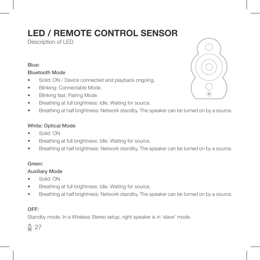Description of LEDLED / REMOTE CONTROL SENSORBlue: Bluetooth Mode•  Solid: ON / Device connected and playback ongoing.•  Blinking: Connectable Mode.•  Blinking fast: Pairing Mode.•  Breathing at full brightness: Idle. Waiting for source.•  Breathing at half brightness: Network standby. The speaker can be turned on by a source.White: Optical Mode•  Solid: ON•  Breathing at full brightness: Idle. Waiting for source.•  Breathing at half brightness: Network standby. The speaker can be turned on by a source.Green: Auxiliary Mode•  Solid: ON•  Breathing at full brightness: Idle. Waiting for source.•  Breathing at half brightness: Network standby. The speaker can be turned on by a source.OFF: Standby mode. In a Wireless Stereo setup, right speaker is in ‘slave’ mode.27