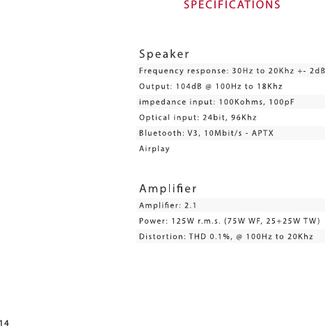 S P E C I F I C AT I O N S 14