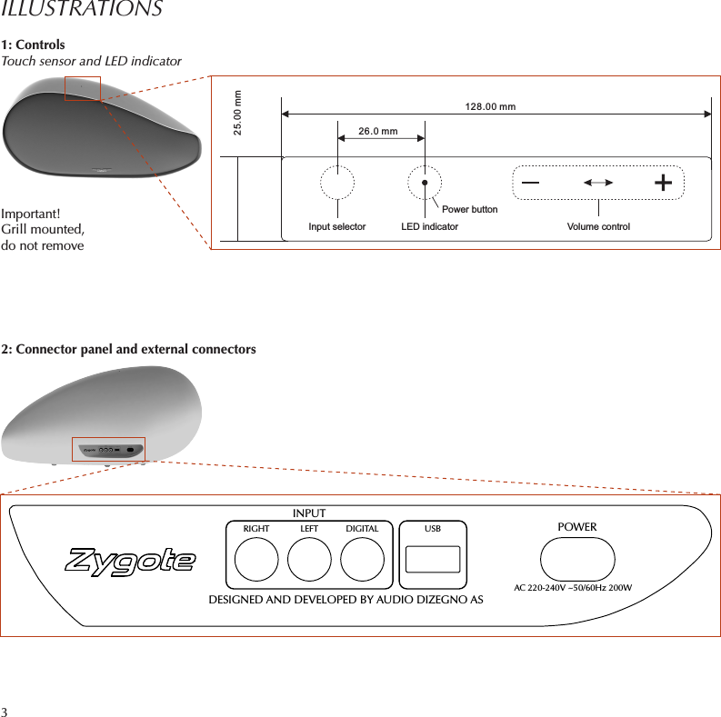3ILLUSTRATIONS1: ControlsTouch sensor and LED indicator2: Connector panel and external connectorsImportant! Grill mounted, do not removeInput selector LED indicatorPower buttonVolume control128.00 mm25.00 mm26.0 mmDESIGNED AND DEVELOPED BY AUDIO DIZEGNO ASINPUTPOWERAC 220-240V ~50/60Hz 200WUSBDIGITALLEFTRIGHT